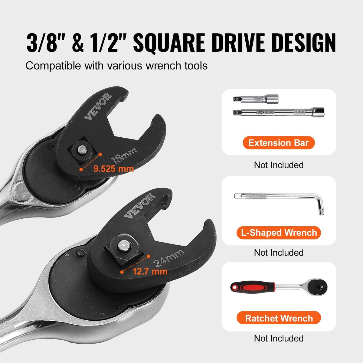 Crowfoot Wrench Set, 1/2" and 3/8" Drive 15-Piece Crows Foot Wrench Set with PP Storage Case, Metric 8-24 mm, CRMO Steel and Manganese Phosphate Finish, for Mechanical Maintenance and Repairs