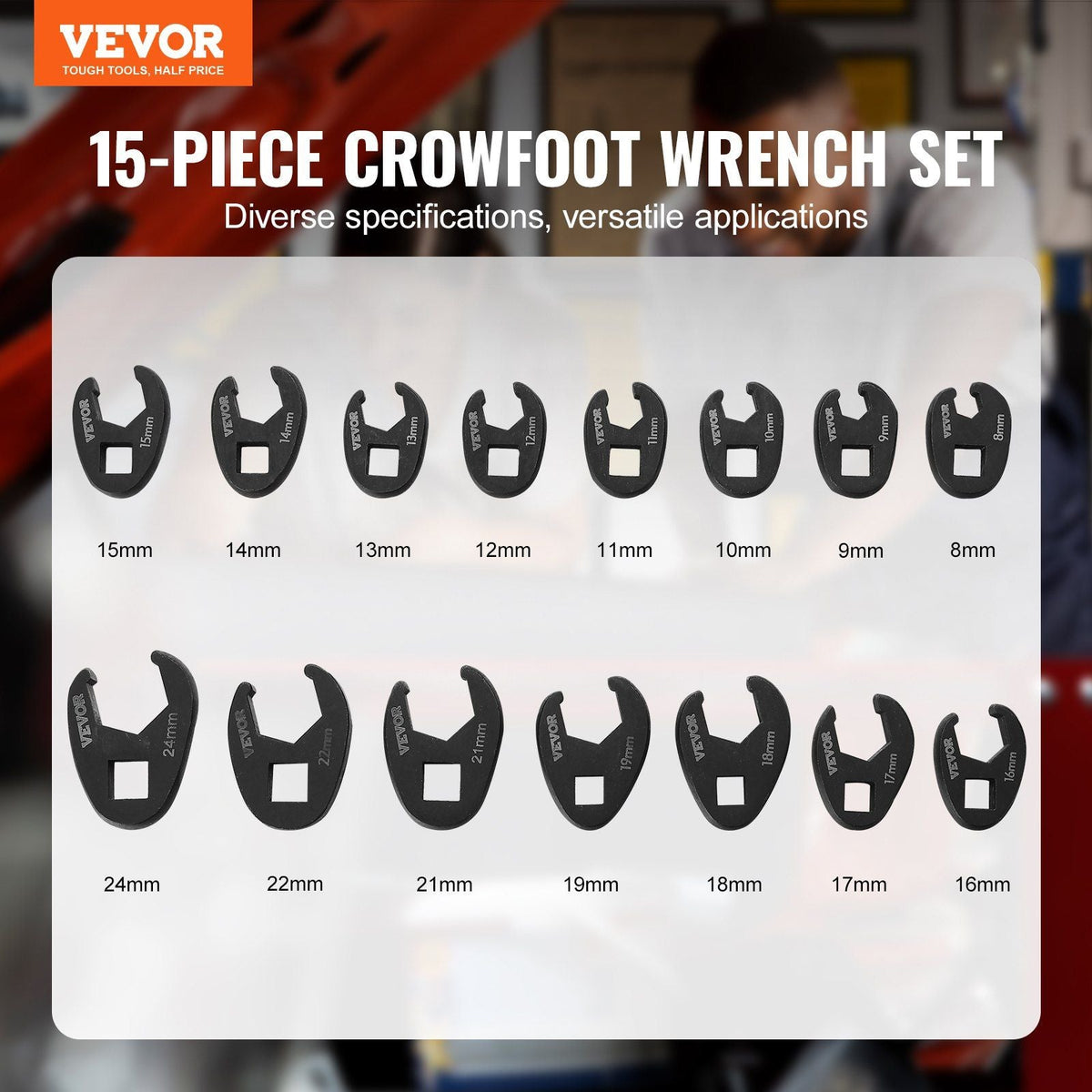 Crowfoot Wrench Set, 1/2" and 3/8" Drive 15-Piece Crows Foot Wrench Set with PP Storage Case, Metric 8-24 mm, CRMO Steel and Manganese Phosphate Finish, for Mechanical Maintenance and Repairs