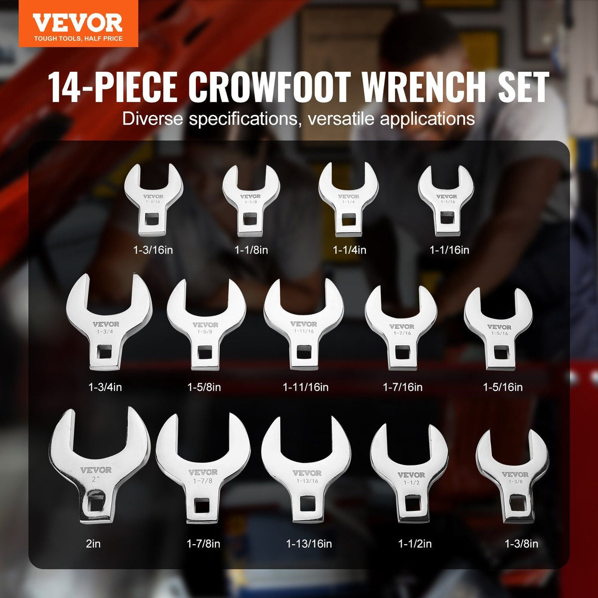 Crowfoot Wrench Set, 1/2" Drive 14-Piece SAE (1-1/16" - 2") Crows Foot Wrench Set with Storage Tray, 40CR Material with Laser Etched Sizing, for Mechanical Maintenance and Repairs