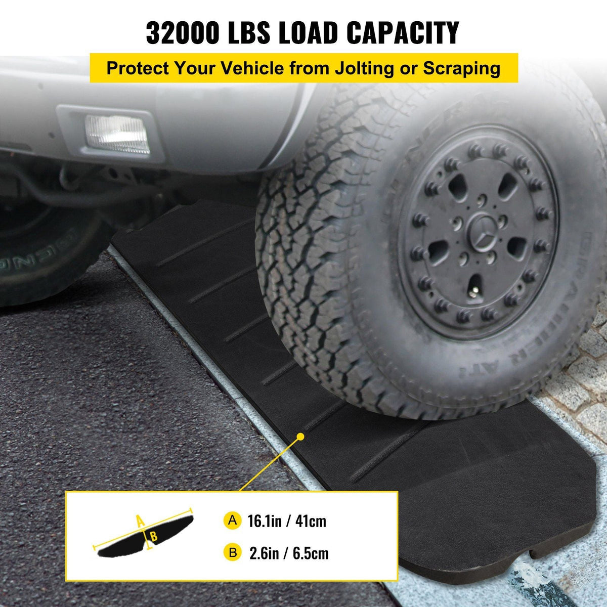 Curb Ramp, 1 Pack Rubber Driveway Ramps, Heavy Duty 32000 lbs Weight Capacity Threshold Ramp, 2.6 inch High Curbside Bridge Ramps for Loading Dock Garage Sidewalk, Expandable Full Ramp Set