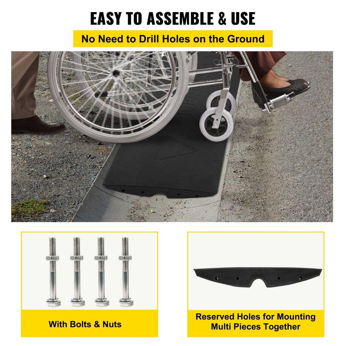 Curb Ramp, 1 Pack Rubber Driveway Ramps, Heavy Duty 32000 lbs Weight Capacity Threshold Ramp, 2.6 inch High Curbside Bridge Ramps for Loading Dock Garage Sidewalk, Expandable Full Ramp Set