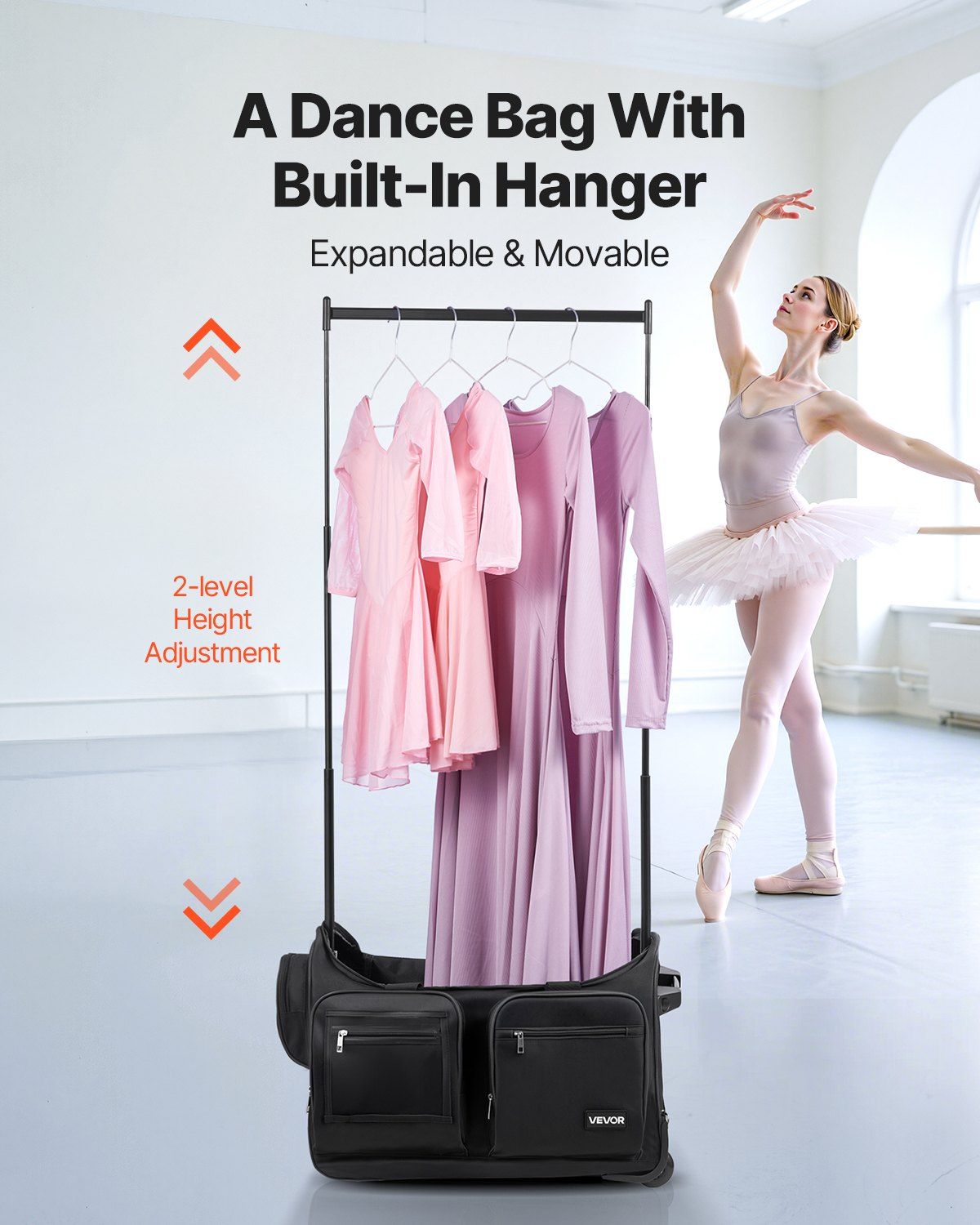 Dance Bag with Garment Rack, 23 Inch Rolling Dance Duffel, with Wheels, USB Port, Height Adjustable Clothes Rack, Privacy Protection Curtain, Ideal for Travel and Competitions, Matte Black