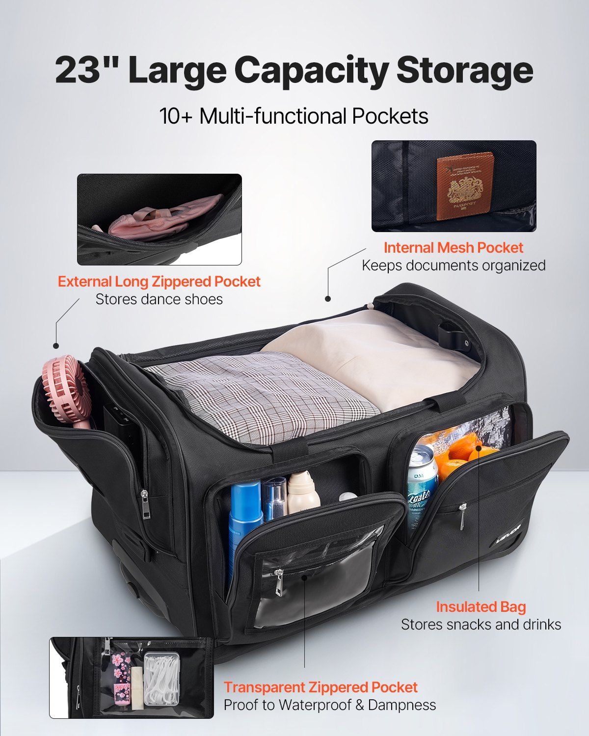 Dance Bag with Garment Rack, 23 Inch Rolling Dance Duffel, with Wheels, USB Port, Height Adjustable Clothes Rack, Privacy Protection Curtain, Ideal for Travel and Competitions, Matte Black