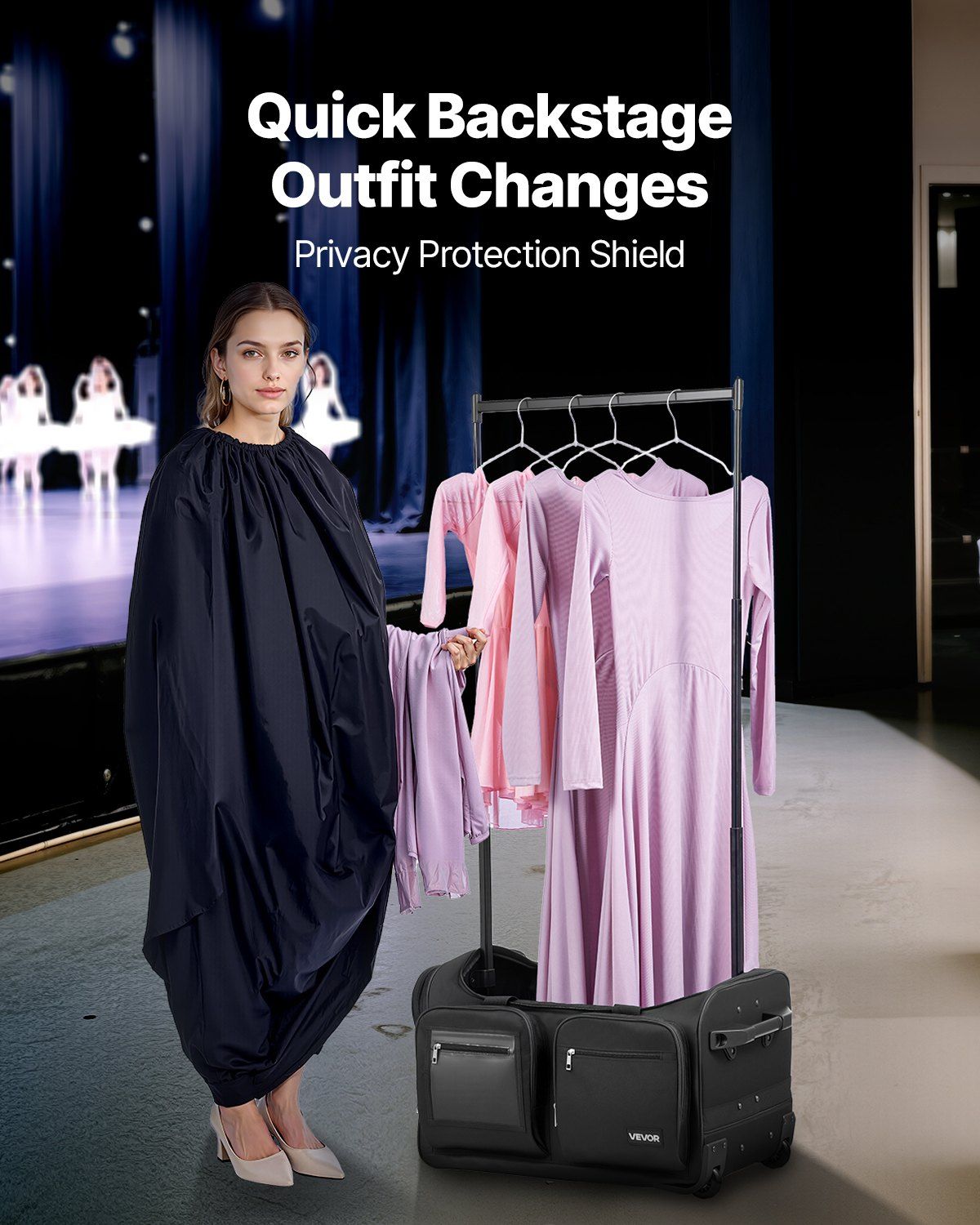 Dance Bag with Garment Rack, 23 Inch Rolling Dance Duffel, with Wheels, USB Port, Height Adjustable Clothes Rack, Privacy Protection Curtain, Ideal for Travel and Competitions, Matte Black