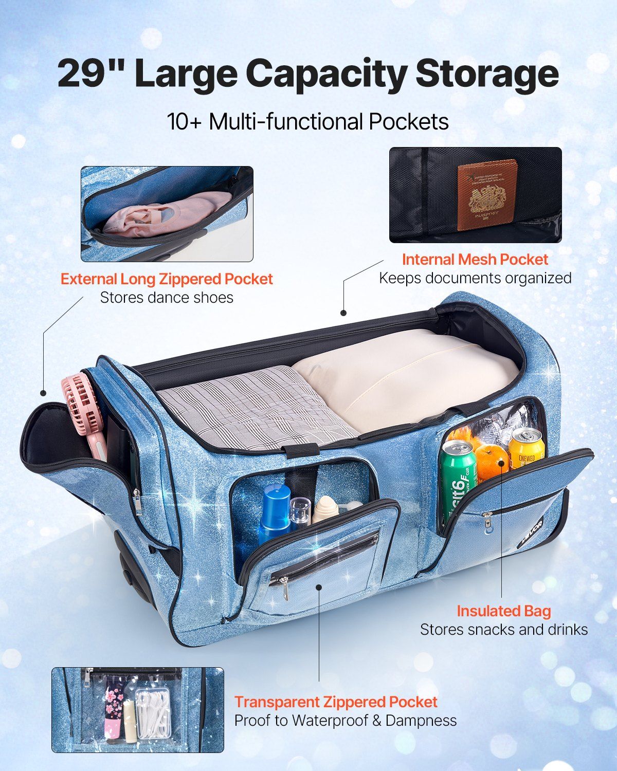 Dance Bag with Garment Rack, 29 Inch Rolling Dance Duffel, with Wheels, USB Port, Height Adjustable Clothes Rack, Privacy Protection Curtain, Ideal for Travel and Competitions, Sparkling Blue