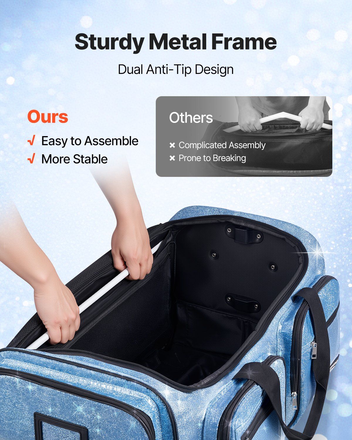 Dance Bag with Garment Rack, 29 Inch Rolling Dance Duffel, with Wheels, USB Port, Height Adjustable Clothes Rack, Privacy Protection Curtain, Ideal for Travel and Competitions, Sparkling Blue