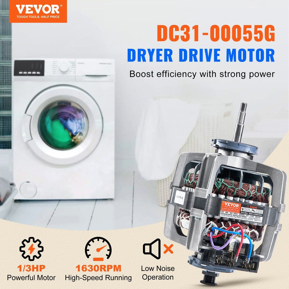 DC31-00055G Dryer Drive Motor, 1/3HP, 1630RPM, Compatible with Samsung Kenmore, Replacement for 40299032011, 40299032012, 59289622, DV330AGB, DV331AEW, DV350AER, DV350AGR