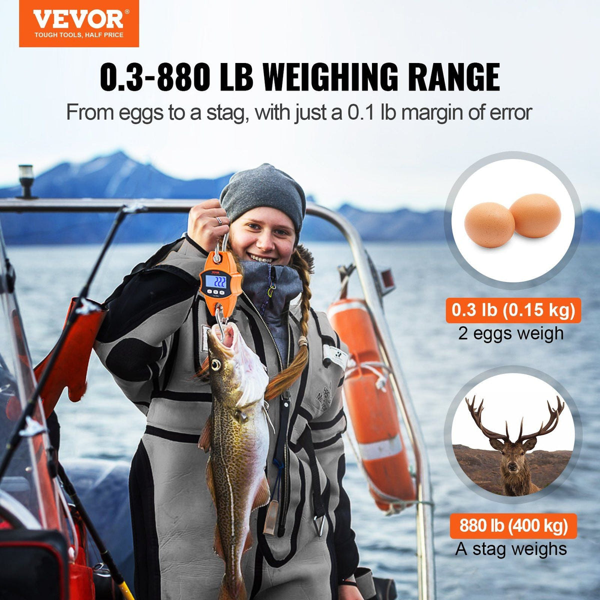 Digital Crane Scale, 880 lbs/400 kg, Industrial Heavy Duty Hanging Scale with Cast Aluminum Case & LCD Screen, Handheld Mini Crane with Hooks for Farm, Hunting, Fishing, Outdoor, Garage (Orange)