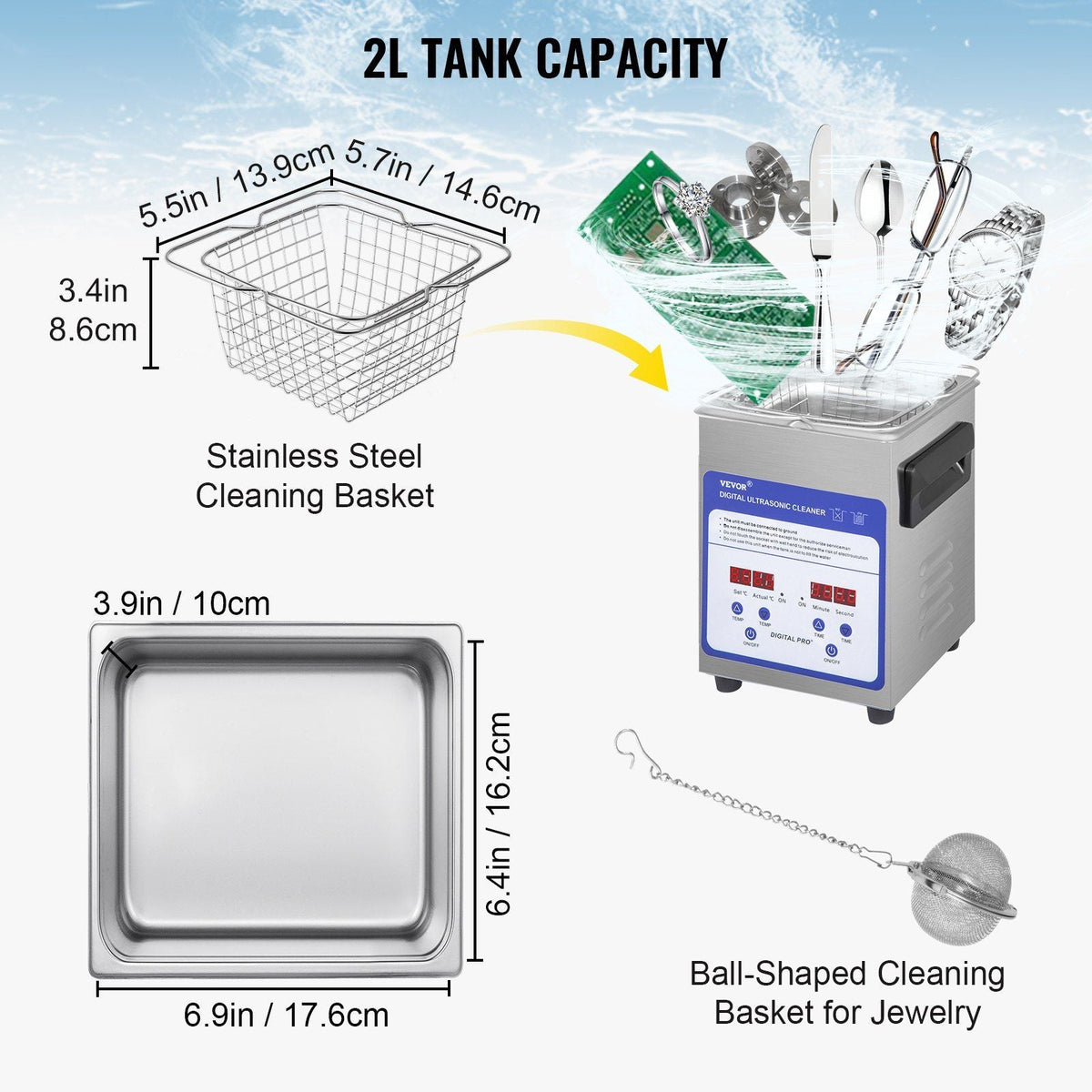 Digital Ultrasonic Cleaner 2L Ultrasonic Cleaning Machine 40kHz Sonic Cleaner Machine 316 & 304 Stainless Steel Ultrasonic Cleaner Machine with Heater & Timer for Cleaning Jewelry Glasses Watch