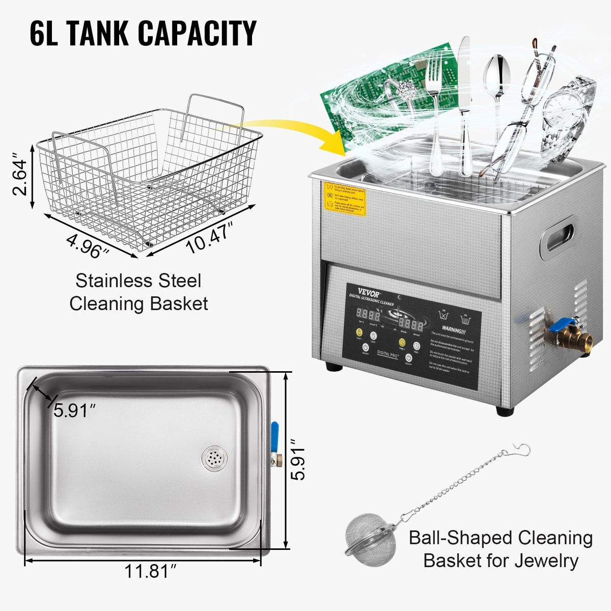 Digital Ultrasonic Cleaner 6L Ultrasonic Cleaning Machine 50kHz 110V Sonic Cleaner Machine 304 Stainless Steel Ultrasonic Cleaner Machine with Heater & Timer for Cleaning Jewelry Glasses Watches