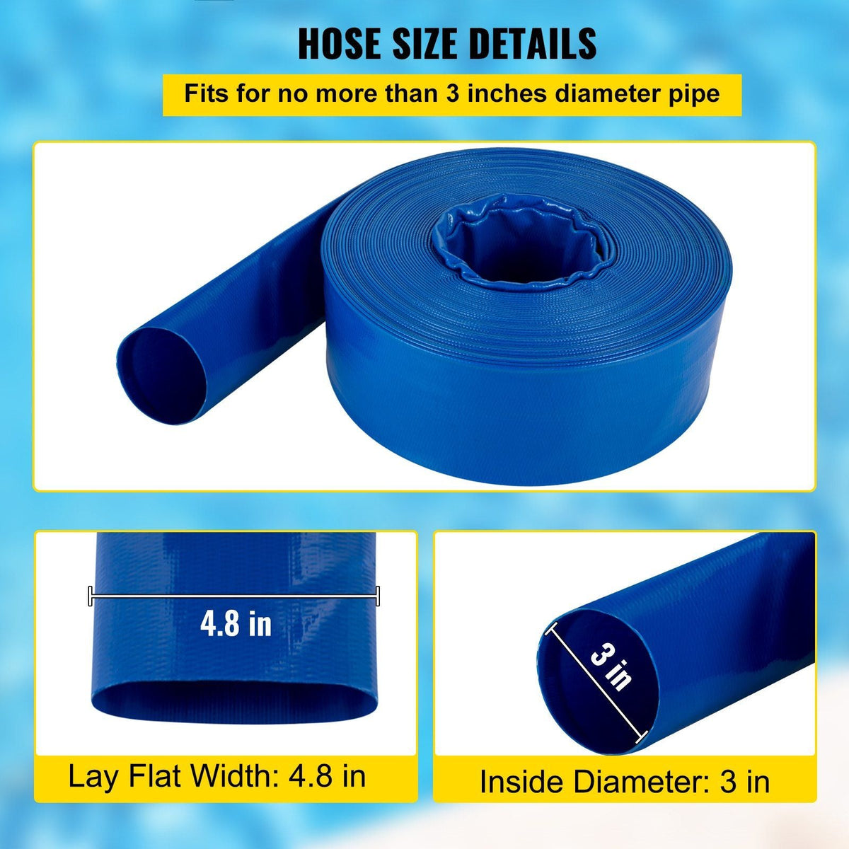 Discharge Hose, 3" x 53', PVC Lay Flat Hose, Heavy Duty Backwash Drain Hose with Clamps, Weather-proof & Burst-proof, Ideal for Swimming Pool & Water Transfer, Blue