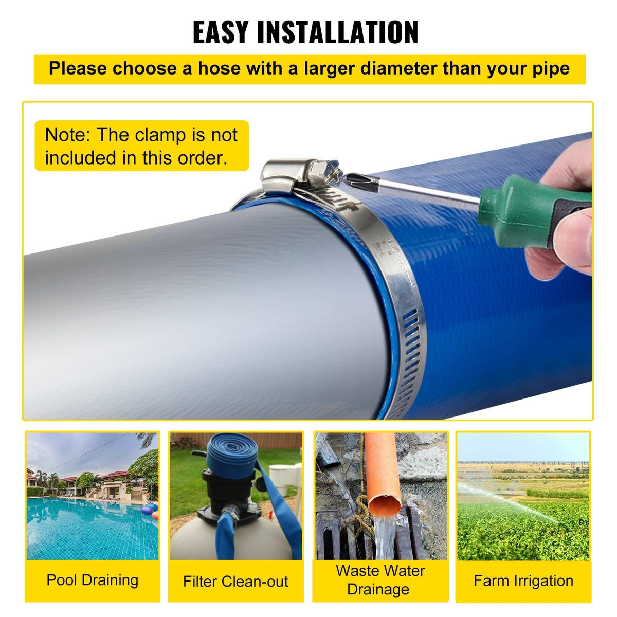 Discharge Hose, 3" x 53', PVC Lay Flat Hose, Heavy Duty Backwash Drain Hose with Clamps, Weather-proof & Burst-proof, Ideal for Swimming Pool & Water Transfer, Blue