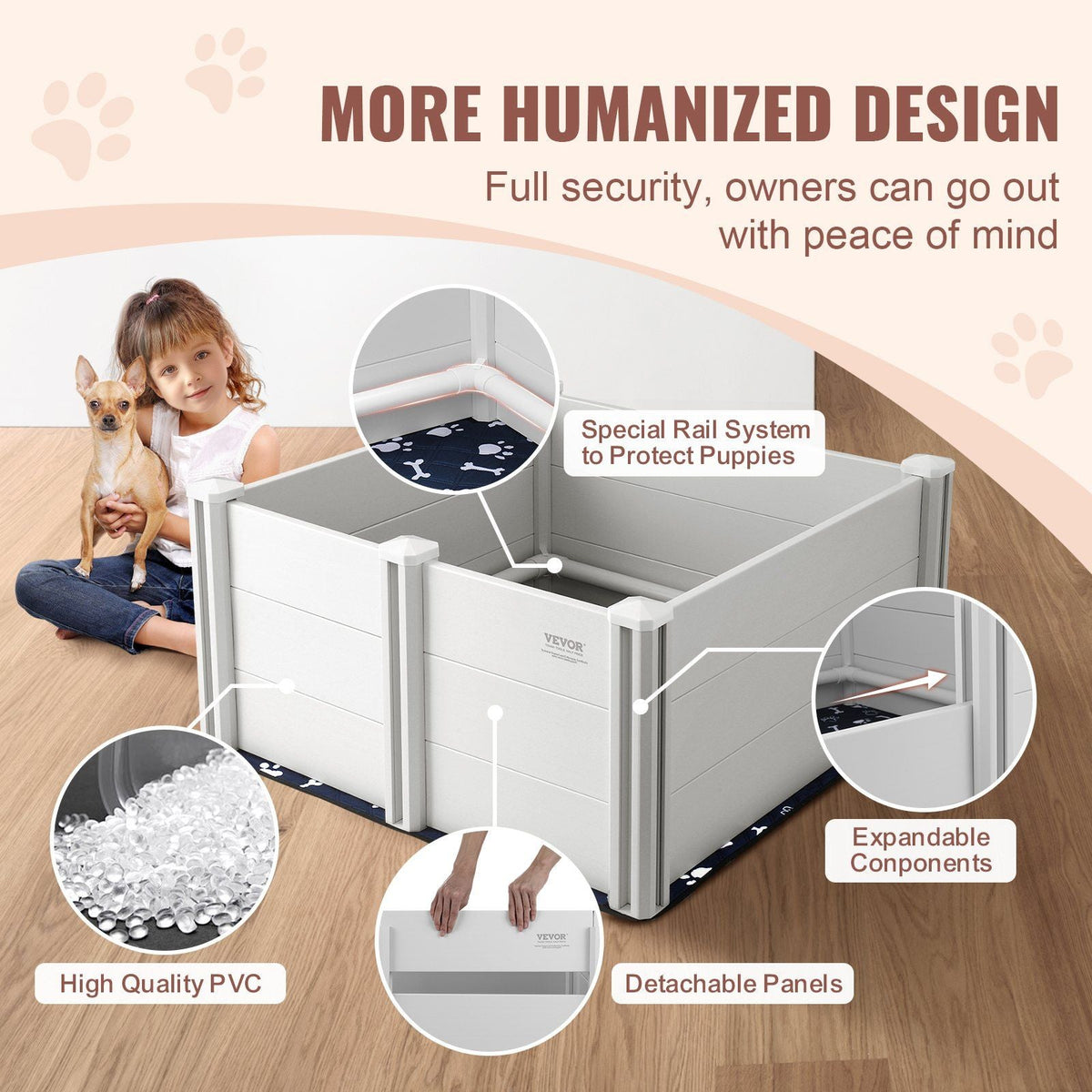 Dog Whelping Box 38.6x38.6x18.1in PVC with Rails Pee Pad for Dogs Puppies