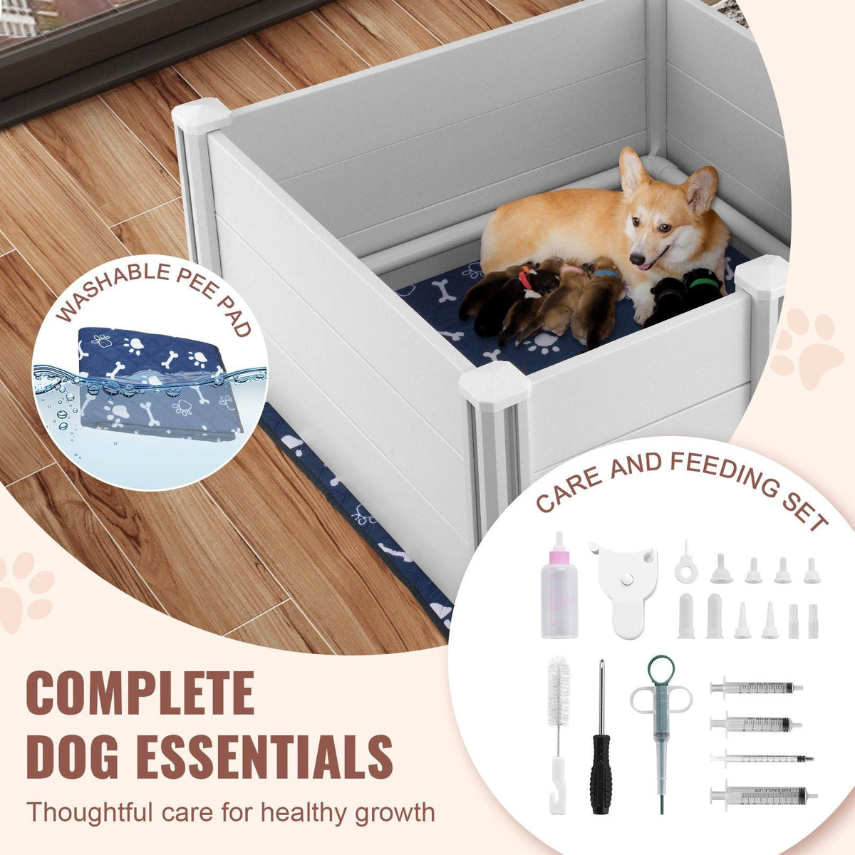 Dog Whelping Box 38.6x38.6x18.1in PVC with Rails Pee Pad for Dogs Puppies
