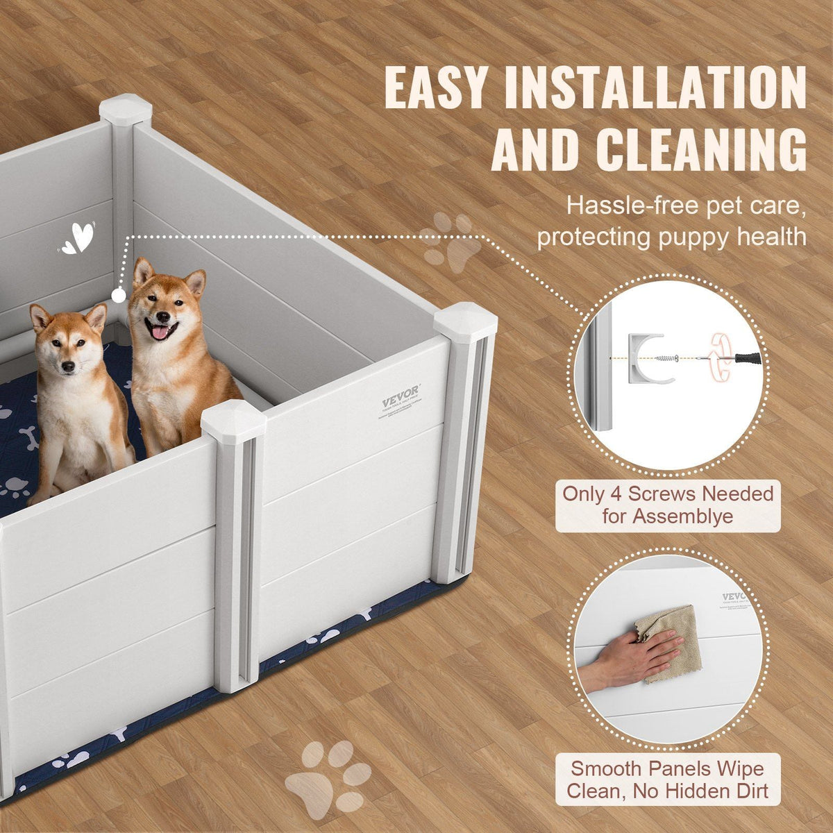 Dog Whelping Box 38.6x38.6x18.1in PVC with Rails Pee Pad for Dogs Puppies