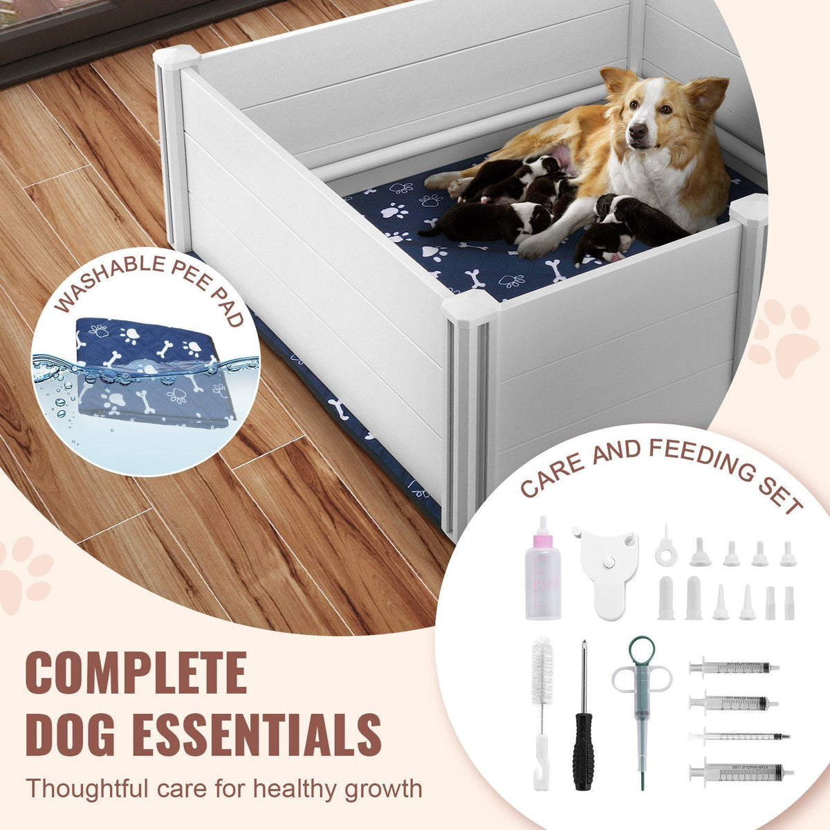 Dog Whelping Box 48 x 48 x 18.1in PVC with Rails Pee Pad for Dogs Puppies