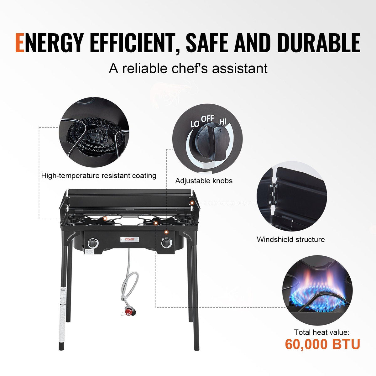 Double Burner Outdoor Camping Stove, 60,000-BTU Camping Modular Cooking Stove, Heavy Duty Carbon Steel Gas Cooker with Windscreen & Detachable Legs Stand & PSI Regulator, for BBQ Camp Patio RV