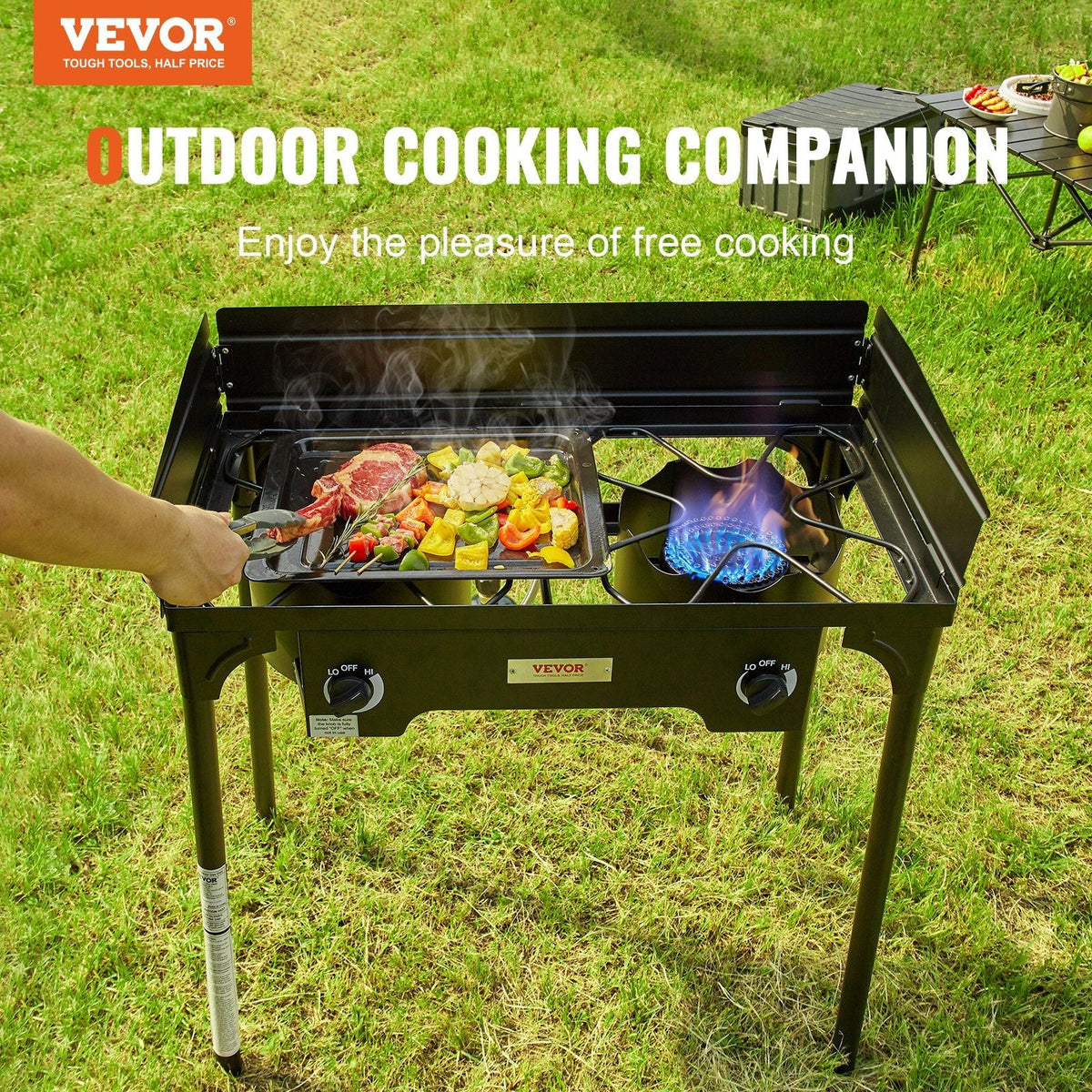 Double Burner Outdoor Camping Stove, 60,000-BTU Camping Modular Cooking Stove, Heavy Duty Carbon Steel Gas Cooker with Windscreen & Detachable Legs Stand & PSI Regulator, for BBQ Camp Patio RV