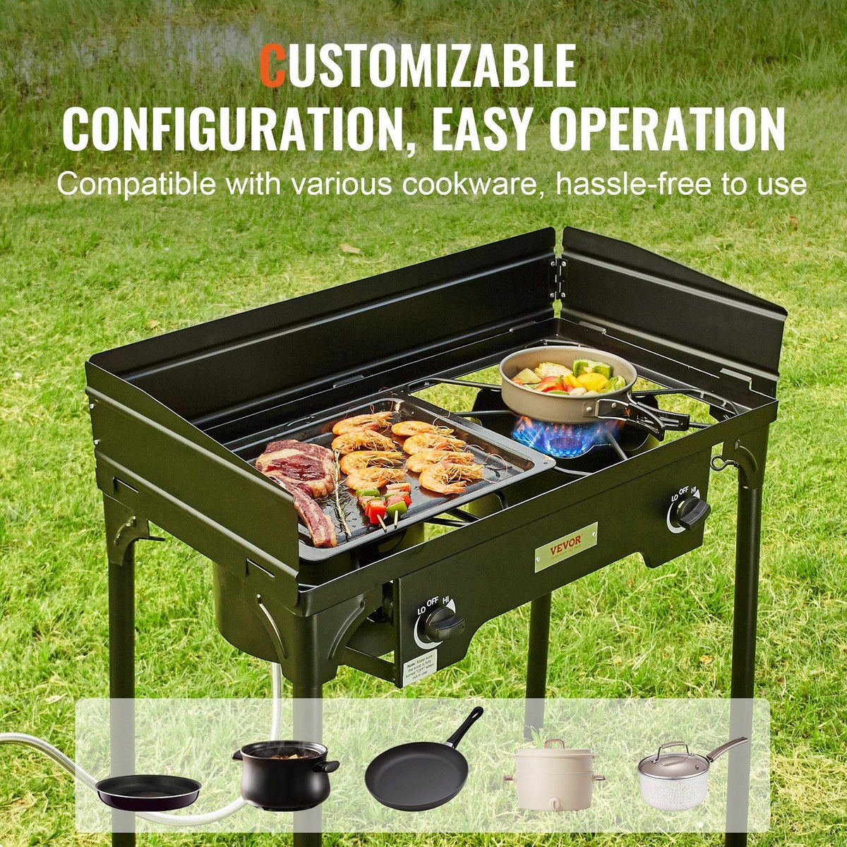 Double Burner Outdoor Camping Stove, 60,000-BTU Camping Modular Cooking Stove, Heavy Duty Carbon Steel Gas Cooker with Windscreen & Detachable Legs Stand & PSI Regulator, for BBQ Camp Patio RV