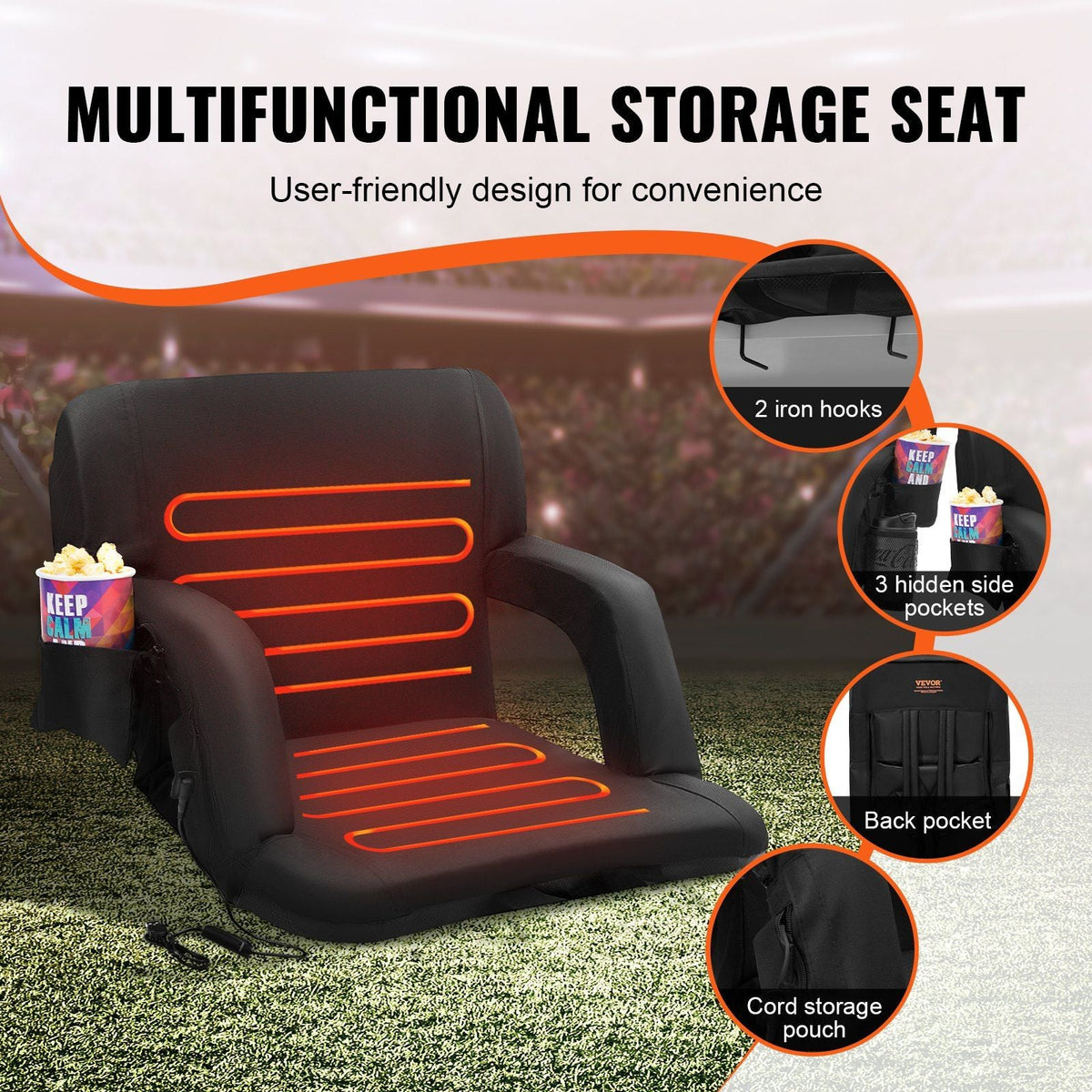 Double Heated Stadium Seat with Back Support, 3 Level Heating Wide Bleacher Seat, Folding Portable Padded Reclining Chair with Hook Pocket Cupholder, Ideal for Sport Event Beach Camping Concert