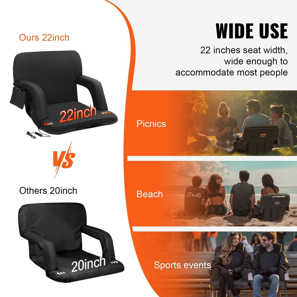 Double Heated Stadium Seat with Back Support, 3 Level Heating Wide Bleacher Seat, Folding Portable Padded Reclining Chair with Hook Pocket Cupholder, Ideal for Sport Event Beach Camping Concert