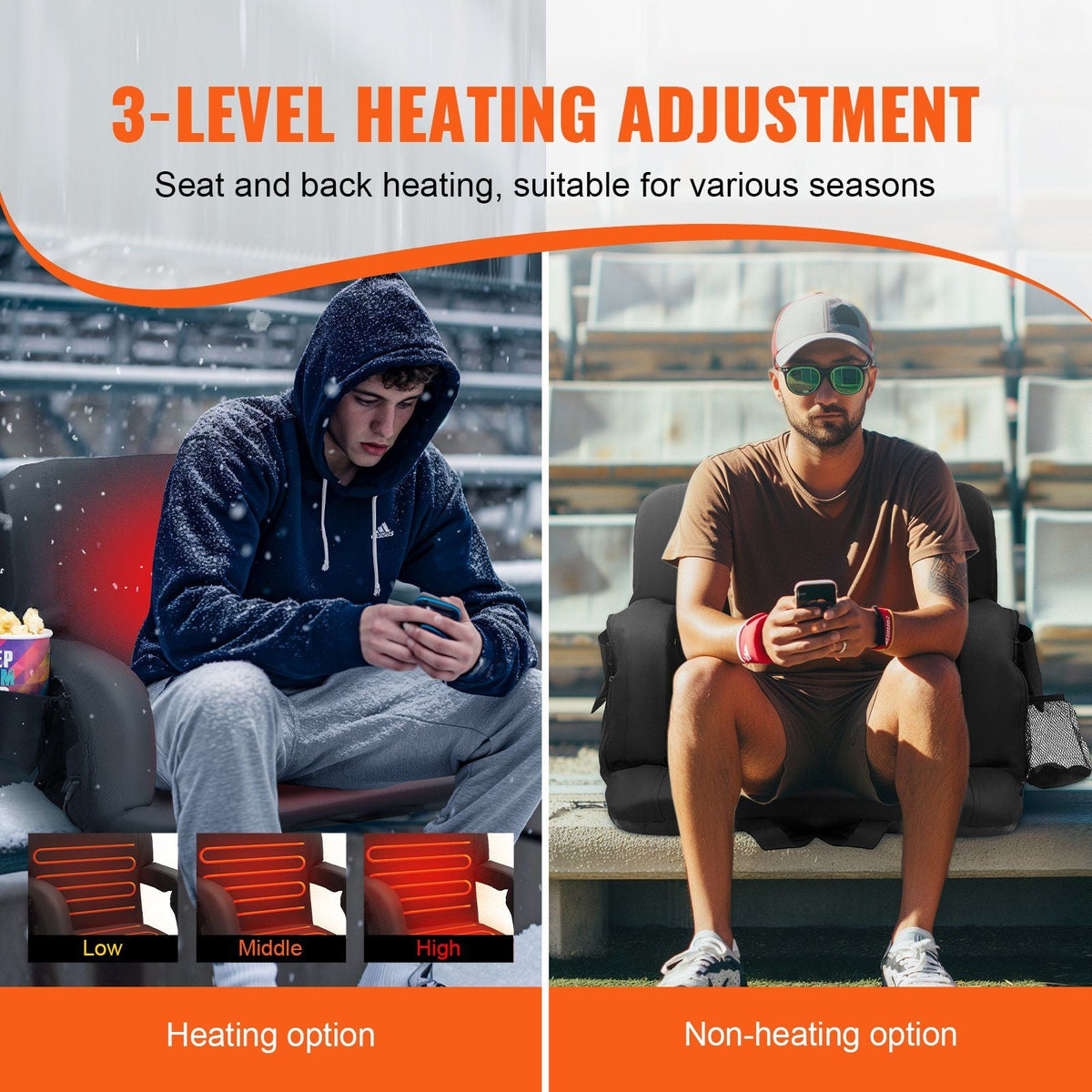 Double Heated Stadium Seat with Back Support, 3 Level Heating Wide Bleacher Seat, Folding Portable Padded Reclining Chair with Hook Pocket Cupholder, Ideal for Sport Event Beach Camping Concert
