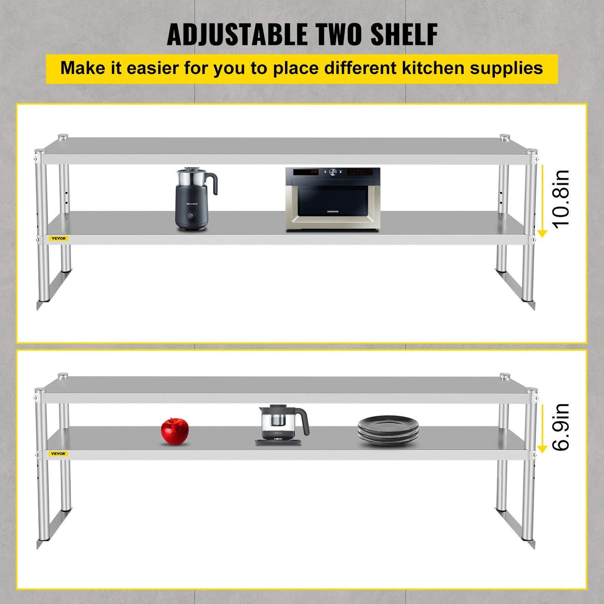 Double Overshelf, Double Tier Stainless Steel Overshelf, 72 in Length x 12 in Width Double Deck Overshelf, Height Adjustable Overshelf for Prep & Work Table in Kitchen, Restaurant and Workshop