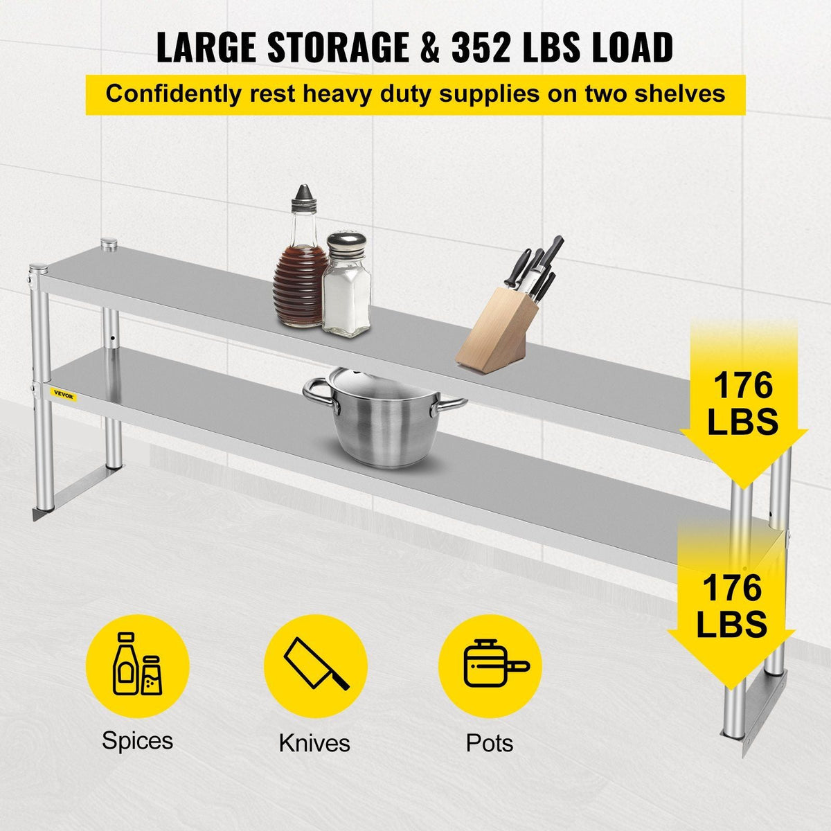 Double Overshelf, Double Tier Stainless Steel Overshelf, 72 in Length x 12 in Width Double Deck Overshelf, Height Adjustable Overshelf for Prep & Work Table in Kitchen, Restaurant and Workshop