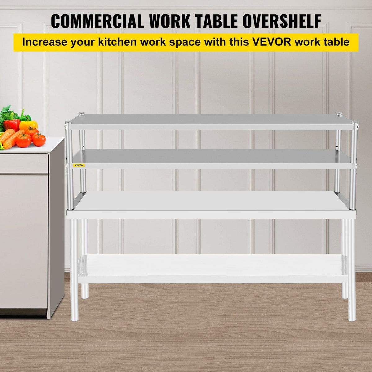 Double Overshelf, Double Tier Stainless Steel Overshelf, 72 in Length x 12 in Width Double Deck Overshelf, Height Adjustable Overshelf for Prep & Work Table in Kitchen, Restaurant and Workshop