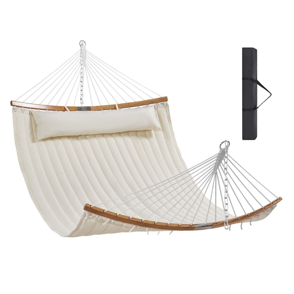 Double Quilted Fabric Hammock, 12 FT Double Hammock with Curved Spreader Bars, 2 Person Quilted Hammock with Detachable Pillow and Chains for Camping Outdoor Patio Yard Beach, 480 lbs Capacity
