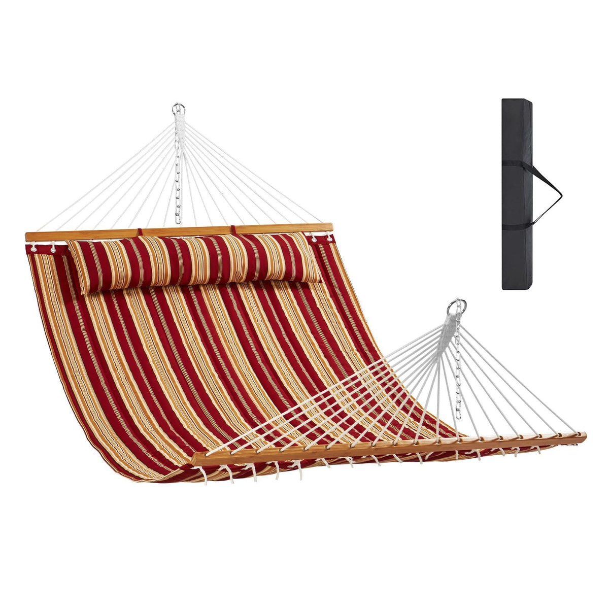 Double Quilted Fabric Hammock with Hardwood Spreader Bar Detachable Pillow