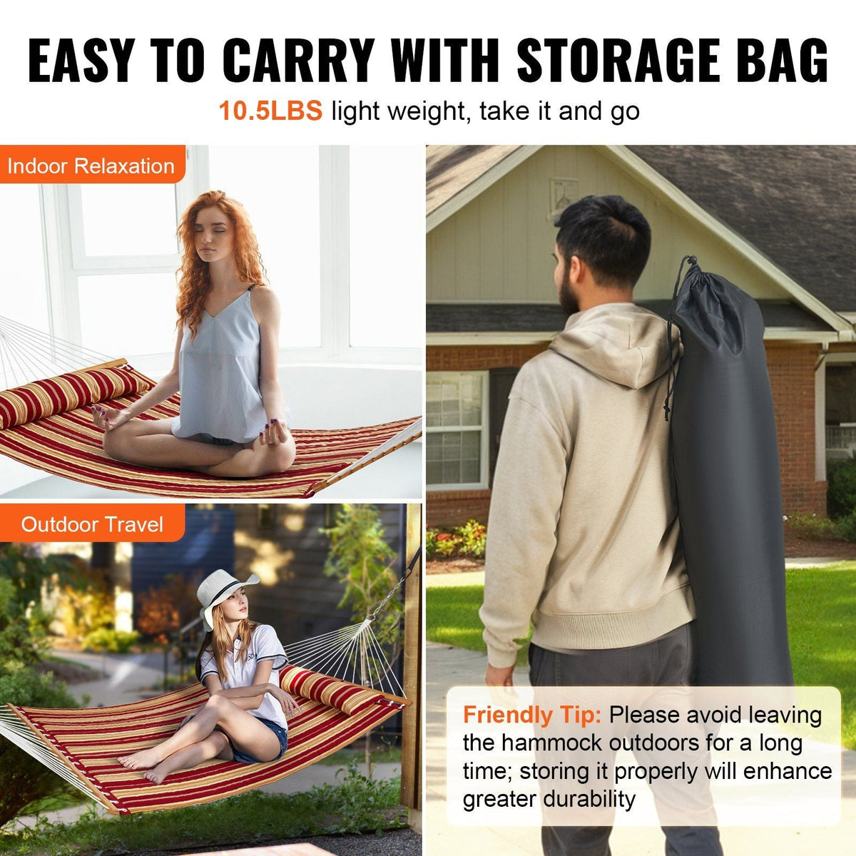Double Quilted Fabric Hammock with Hardwood Spreader Bar Detachable Pillow