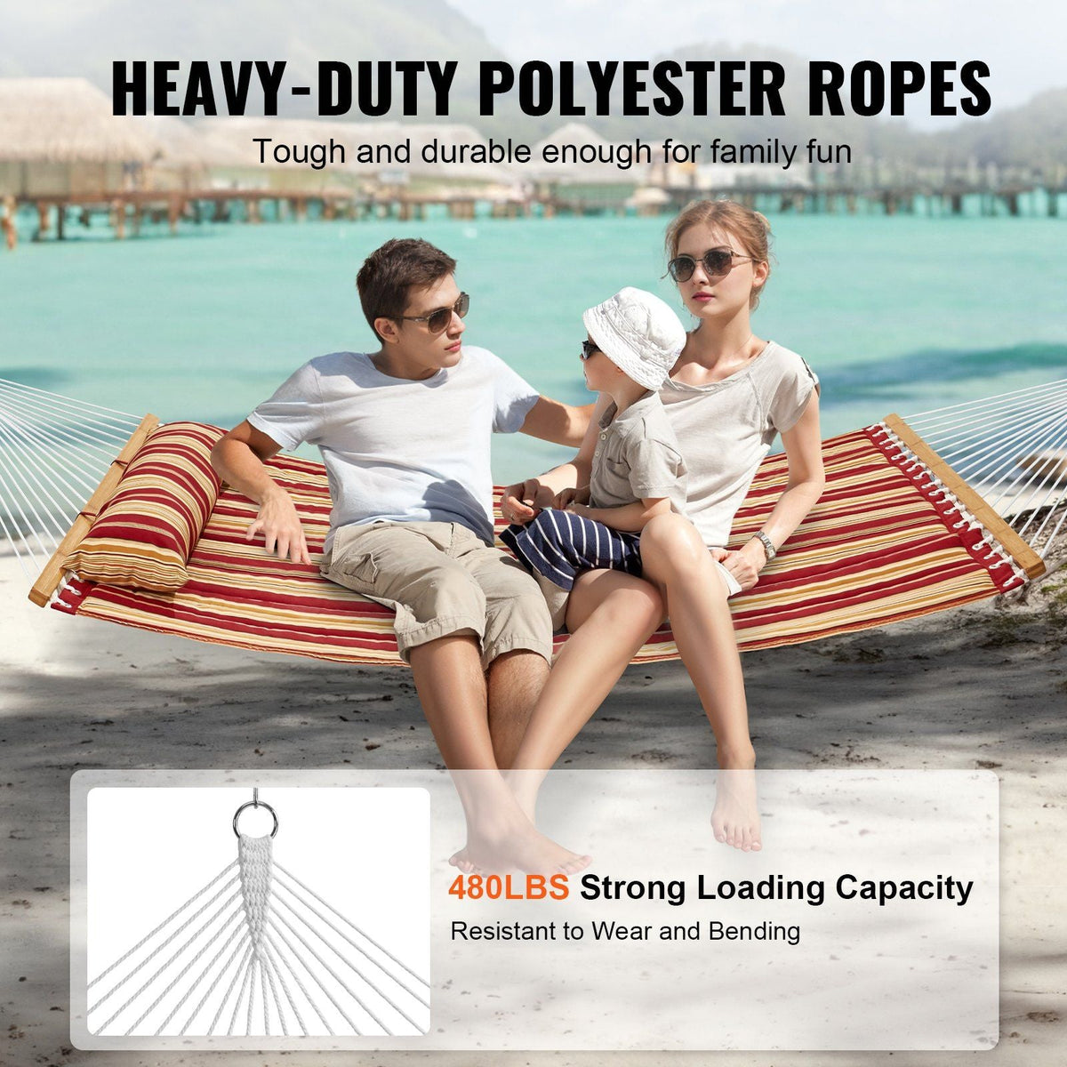 Double Quilted Fabric Hammock with Hardwood Spreader Bar Detachable Pillow