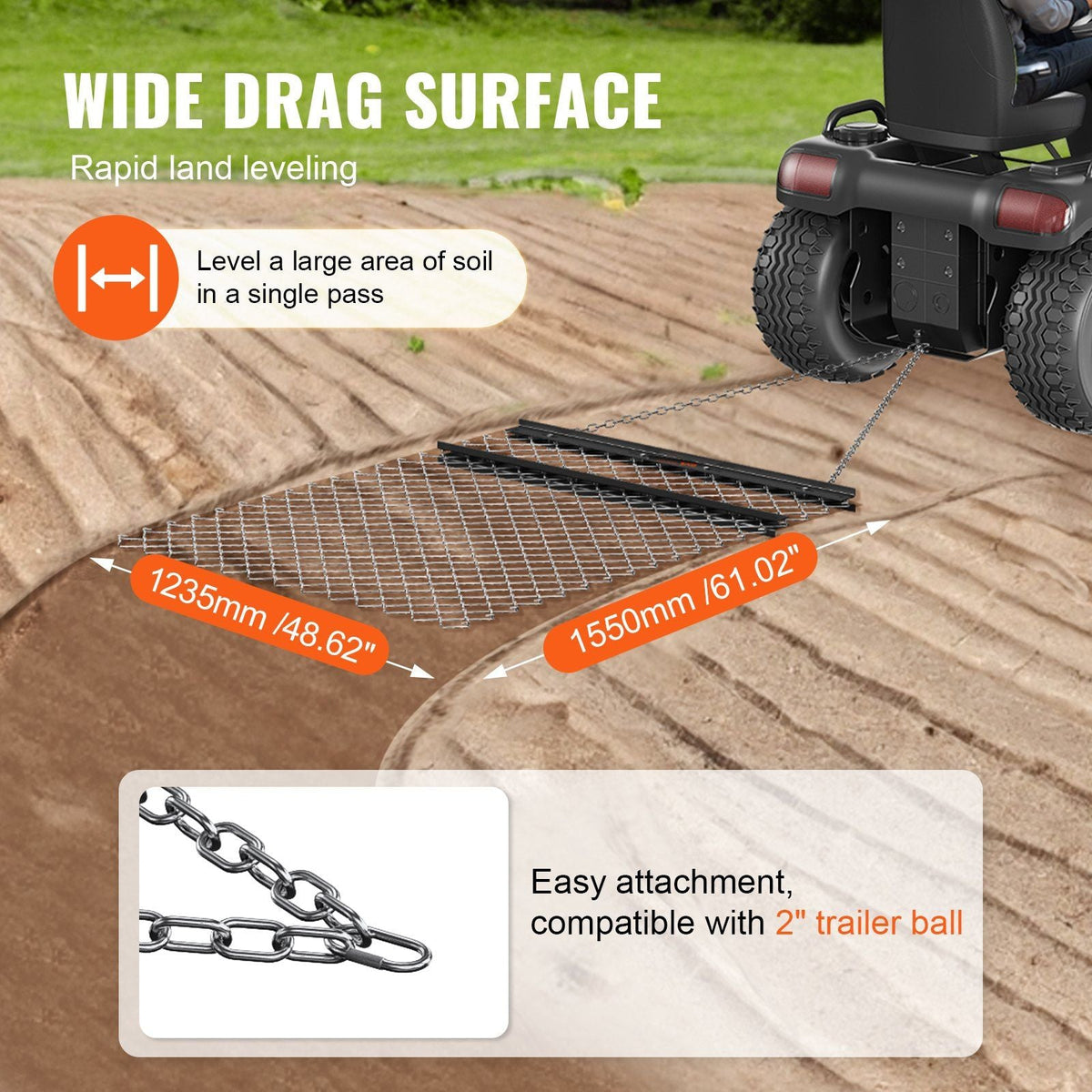 Drag Harrow, 4' x 5' ATV Chain Harrow, Q235 Steel UTV Tractor Attachments Field Drag Mat for Landscape Leveling or Sod Prepping, Towable Harrow Rake Grader for Gravel Driveway, Farm, Field