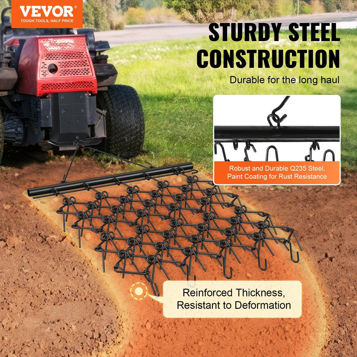 Drag Harrow, 4'x5.6' Heavy-Duty Chain Harrow with 69 Teeth, ATV UTV Tractor Attachments Field Drag Mat for Sod Prepping, Seeding Lawns, Landscape Leveling, Harrow Rake for Gravel Driveway Yard