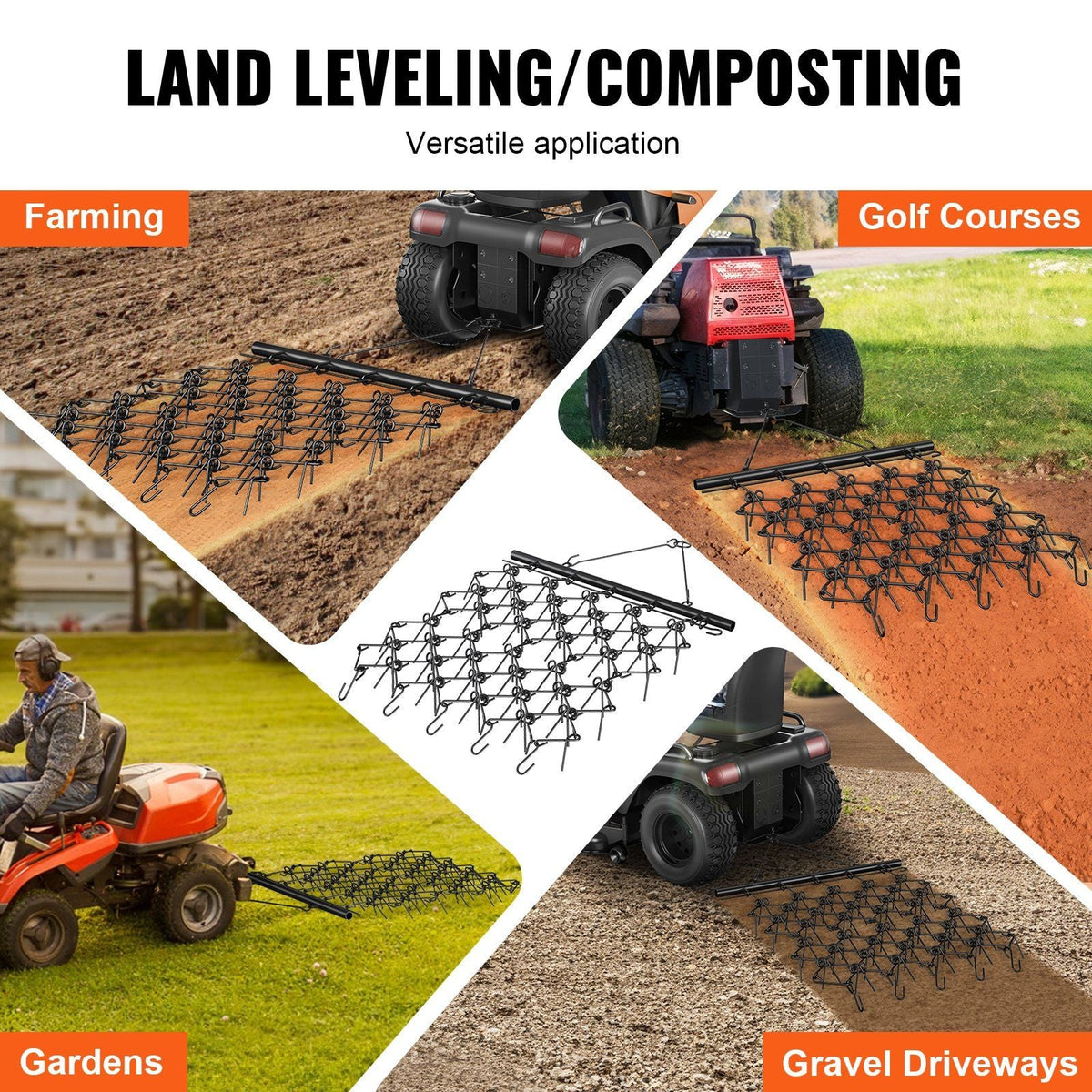 Drag Harrow, 4'x5.6' Heavy-Duty Chain Harrow with 69 Teeth, ATV UTV Tractor Attachments Field Drag Mat for Sod Prepping, Seeding Lawns, Landscape Leveling, Harrow Rake for Gravel Driveway Yard