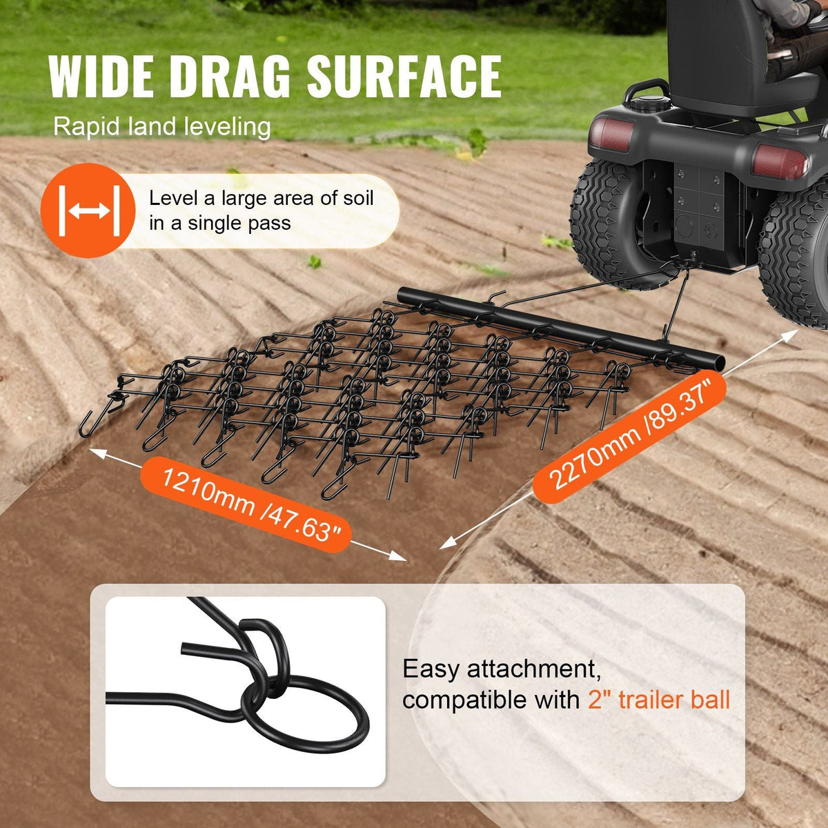 Drag Harrow, 4'x5.6' Heavy-Duty Chain Harrow with 69 Teeth, ATV UTV Tractor Attachments Field Drag Mat for Sod Prepping, Seeding Lawns, Landscape Leveling, Harrow Rake for Gravel Driveway Yard