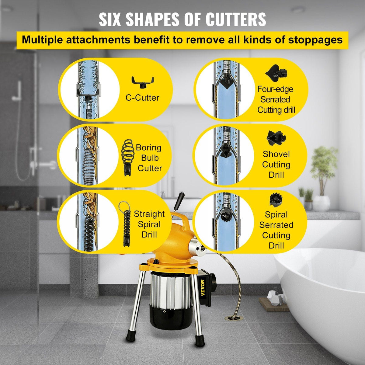 Drain Cleaner Machine, 66Ft x2/3Inch Electric Drain Auger with 2 Cables for 3/4" to 4" Pipes, Power Spin with Autofeed Function & 6 Cutters, Sewer Snake for Toilet Sewer Bathroom Sink Shower