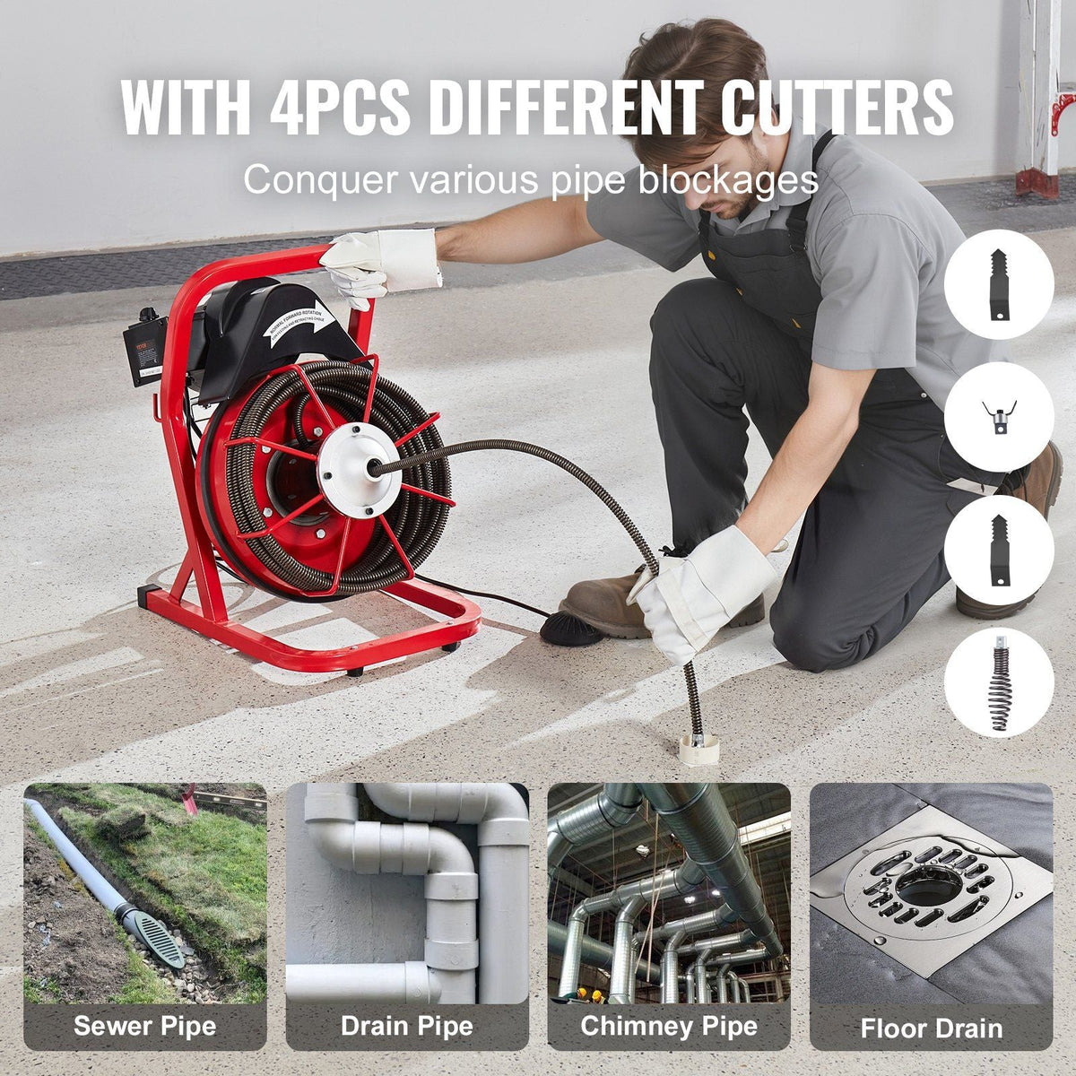 Drain Cleaner Machine Drain Auger 50FT x 1/2 Inch Manual Feed & 4 Cutters