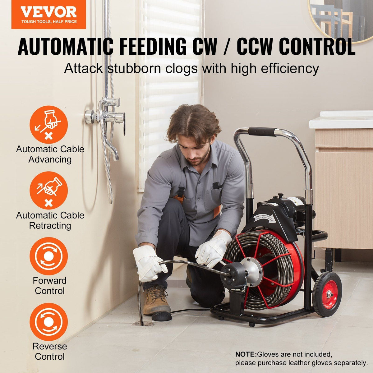 Drain Cleaner Machine Electric Drain Auger 100FT x 1/2 In Auto Feed