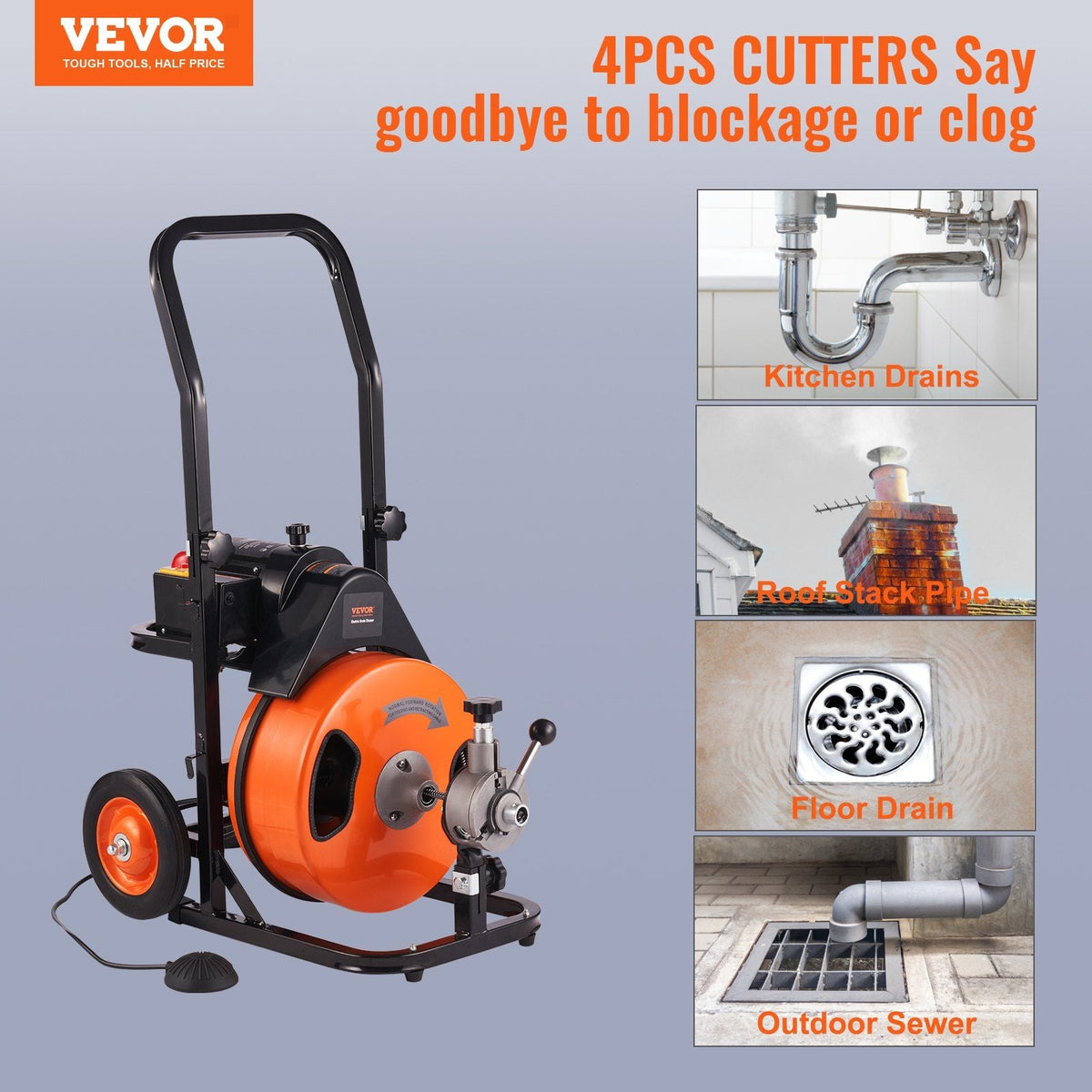 Drain Cleaning Machine 75FT x 3/8 Inch, Sewer Snake Machine Auto Feed, Drain Auger Cleaner with 4 Cutter & Air-Activated Foot Switch for 1" to 4" Pipes