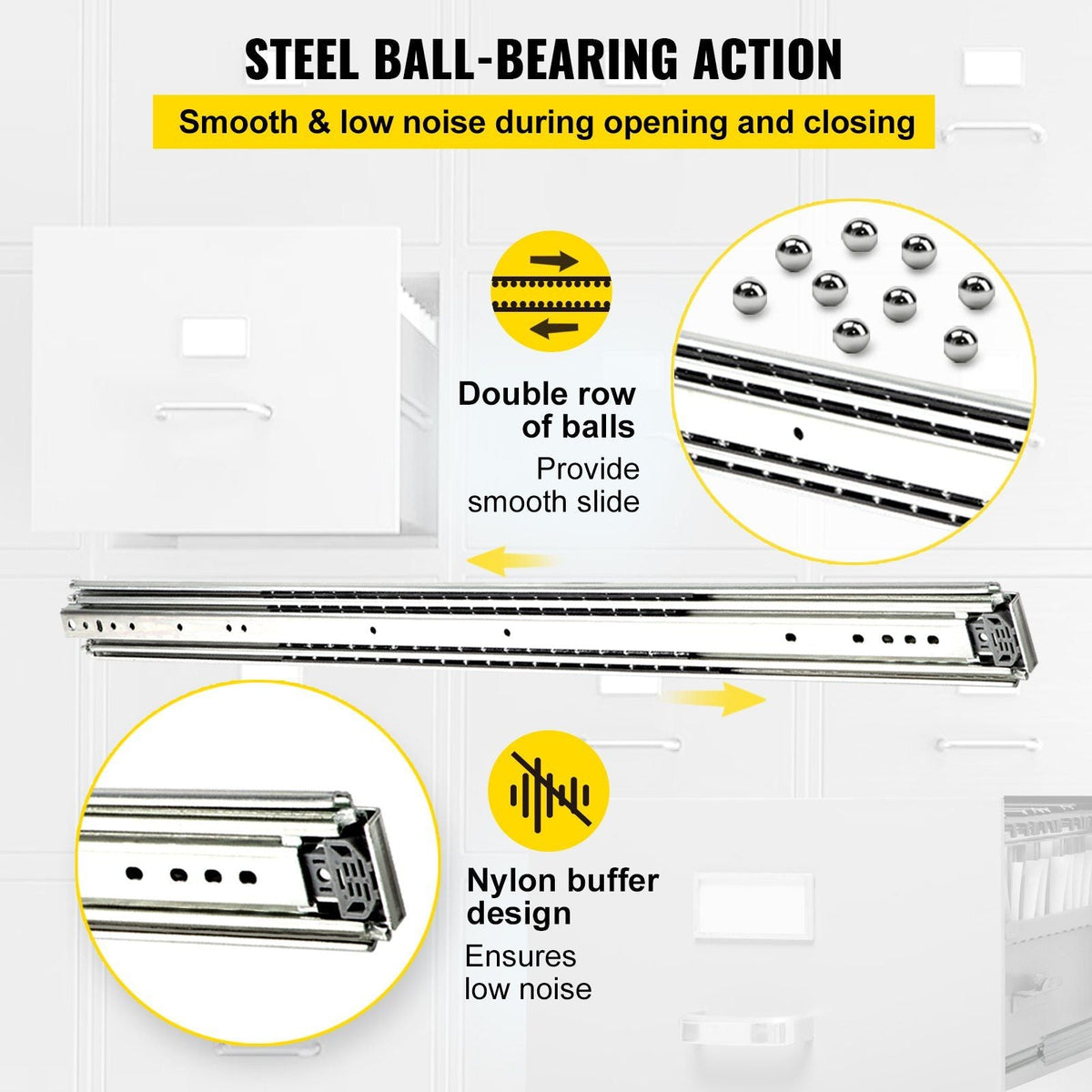 Drawer Slides, 1 Pair 34 Inch Heavy Duty Drawer Slides, Ball Bearing Side Mount Drawer Hardware Slides, 500 LBS Load Capacity 3-Section Full Extension Drawer Slides for Smooth Slide, Less Noise