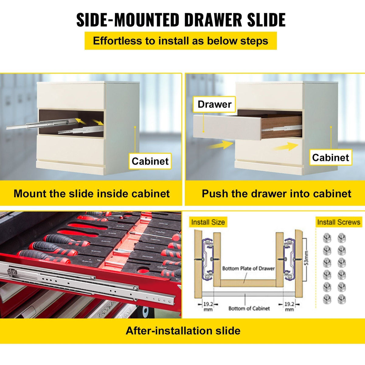 Drawer Slides, 1 Pair 34 Inch Heavy Duty Drawer Slides, Ball Bearing Side Mount Drawer Hardware Slides, 500 LBS Load Capacity 3-Section Full Extension Drawer Slides for Smooth Slide, Less Noise
