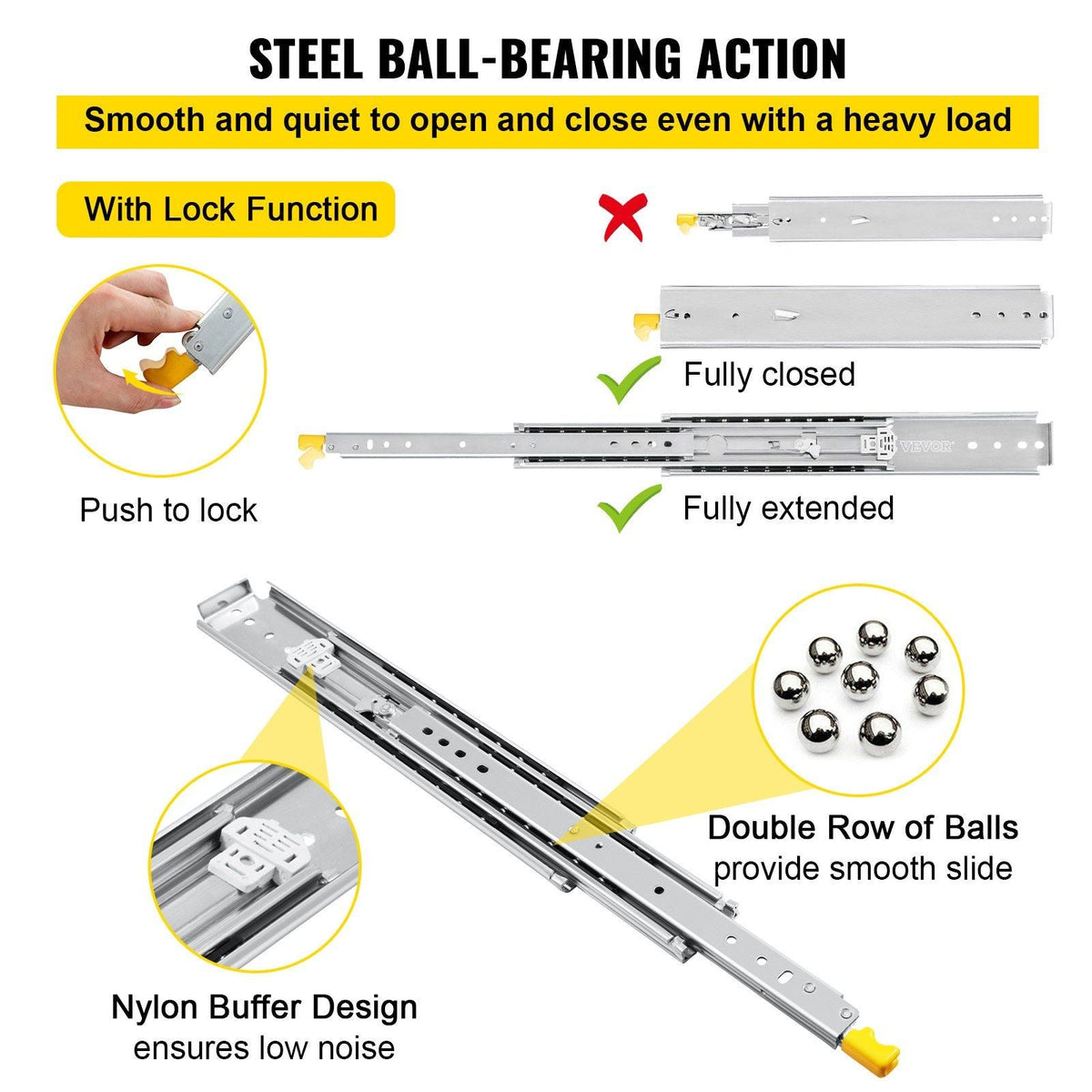 Drawer Slides with Lock, 1 Pair 56 inch, Heavy-Duty Industrial Steel up to 500 lbs Capacity, 3-Fold Full Extension, Ball Bearing Lock-in & Lock-Out, Side Mount