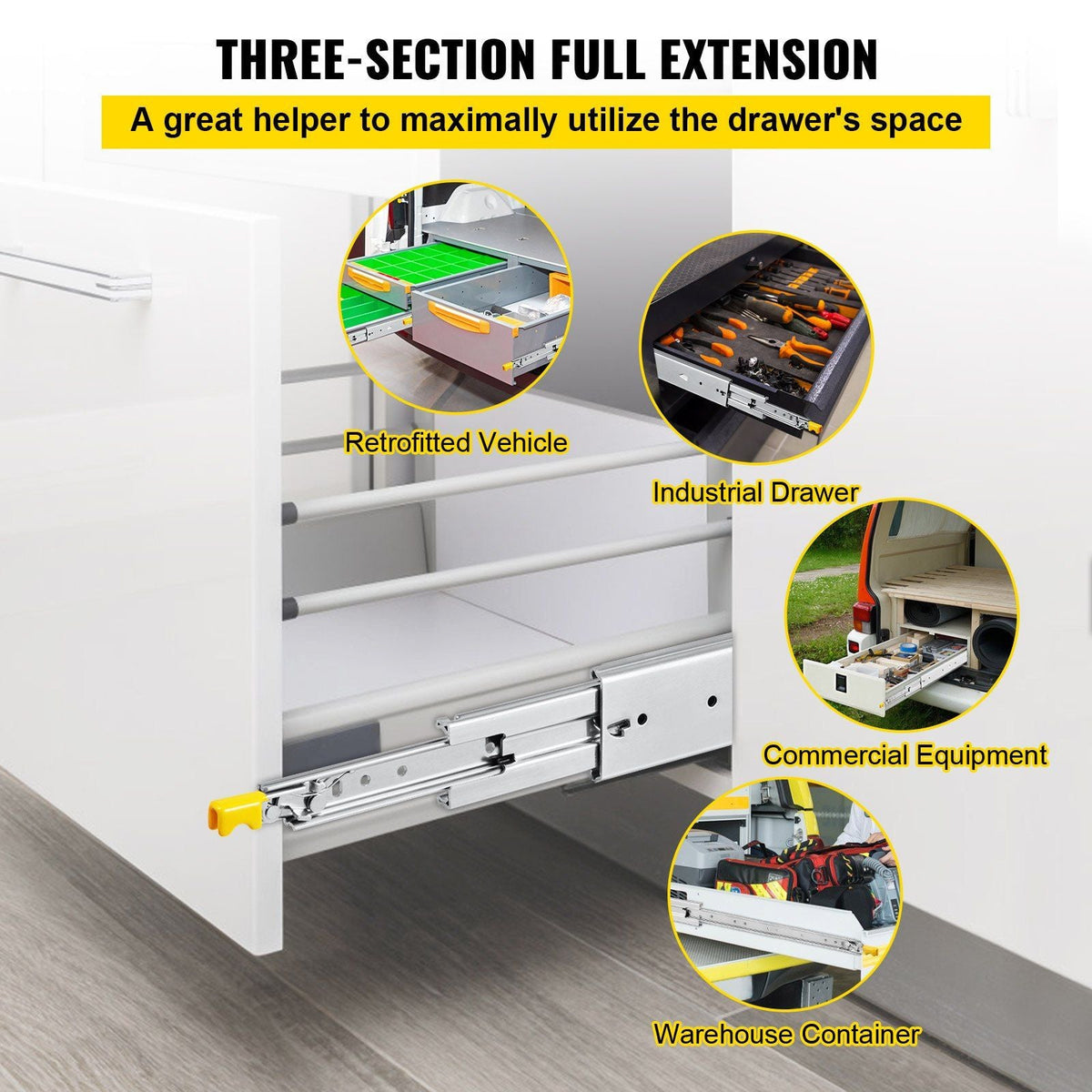 Drawer Slides with Lock, 1 Pair 56 inch, Heavy-Duty Industrial Steel up to 500 lbs Capacity, 3-Fold Full Extension, Ball Bearing Lock-in & Lock-Out, Side Mount