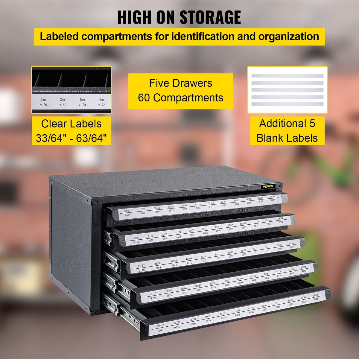 Drill Bit Dispenser Cabinet, Five-Drawer Drill Bit Dispenser, 1/2" Reduced Shank Drill Bit Organizer Cabinet, Drill Dispenser Organizer Cabinet for Sizes 33/64" to 63/64" in 1/64" Increments