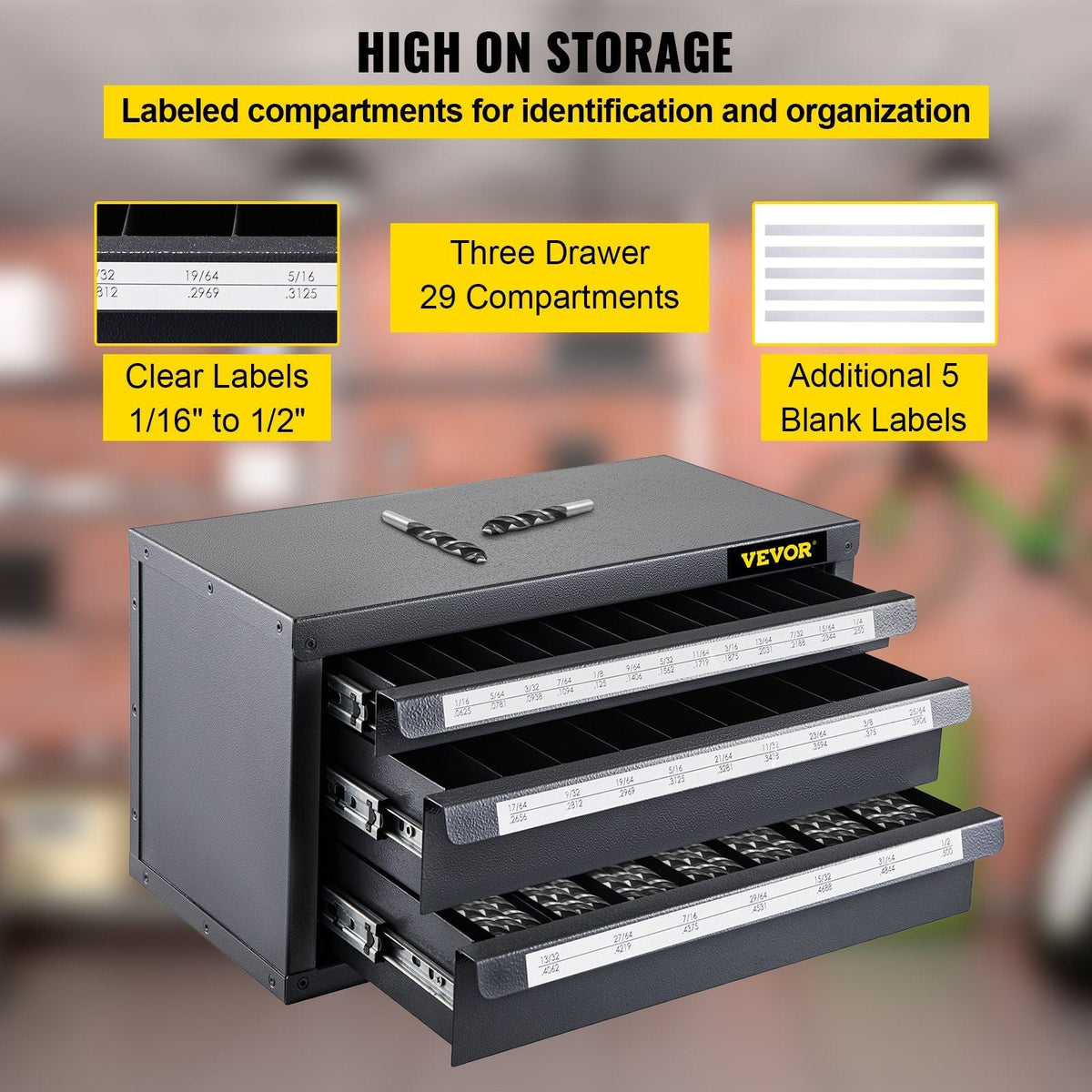Drill Bit Dispenser Cabinet, Three-Drawer Drill Bit Dispenser, Drill Bit Organizer Cabinet, Drill Dispenser Organizer Cabinet for Jobber Length Fractional Size 1/16" to 1/2" in 1/64" Increments