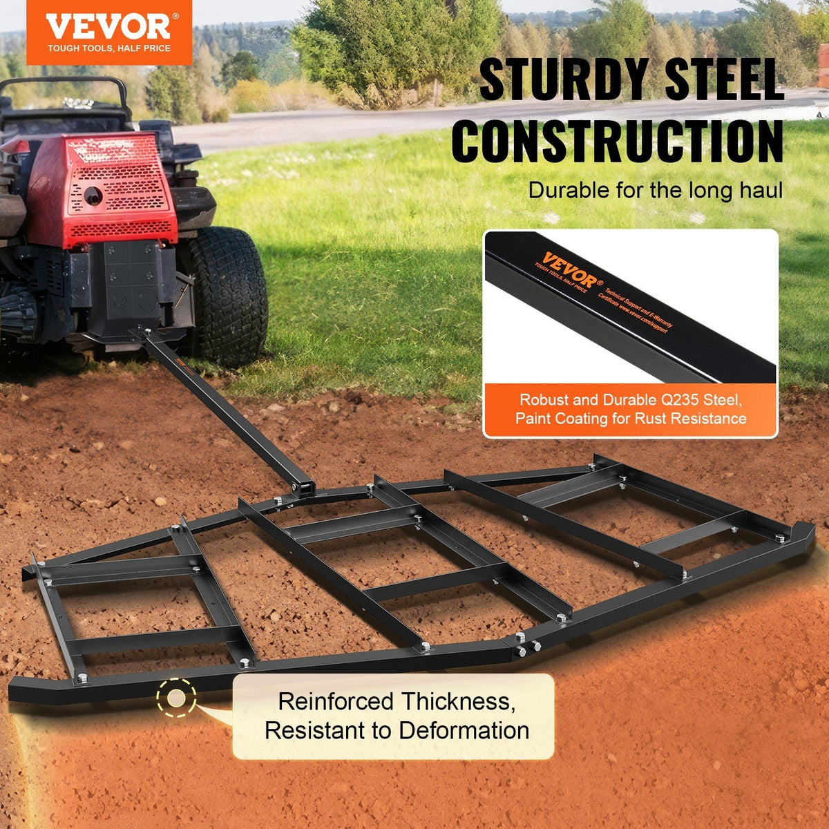 Driveway Drag, 84" Width Tow Behind Drag Harrow, Q235 Steel Driveway Grader with Adjustable Bars, Support up to 50 lbs, Driveway Tractor Harrow for ATVs, UTVs, Garden Lawn Tractors