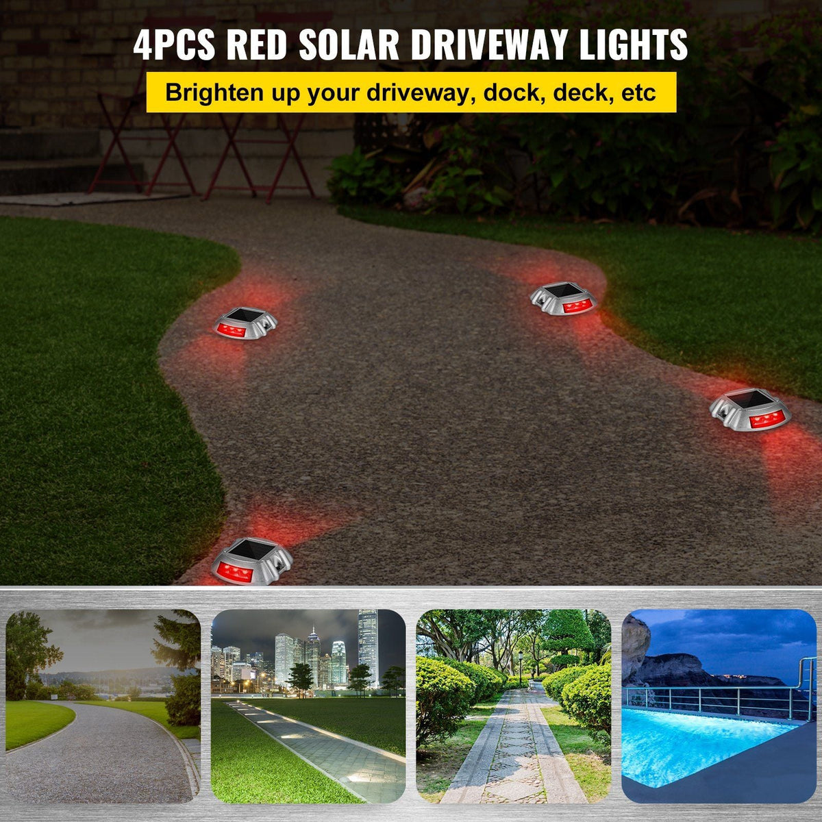 Driveway Lights, 4-Pack Solar Driveway Lights with Switch Button, Solar Deck Lights Waterproof, Wireless Dock Lights 6 LEDs for Path Warning Garden Walkway Sidewalk Steps, LED Bright Red