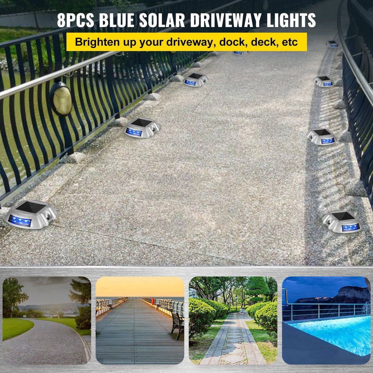 Driveway Lights 8-Pack Solar Driveway Lights Bright Blue Solar Deck Lights Outdoor Waterproof Wireless Dock Lights 6 LEDs for Deck Dock Driveway Path Warning Garden Walkway Sidewalk Steps